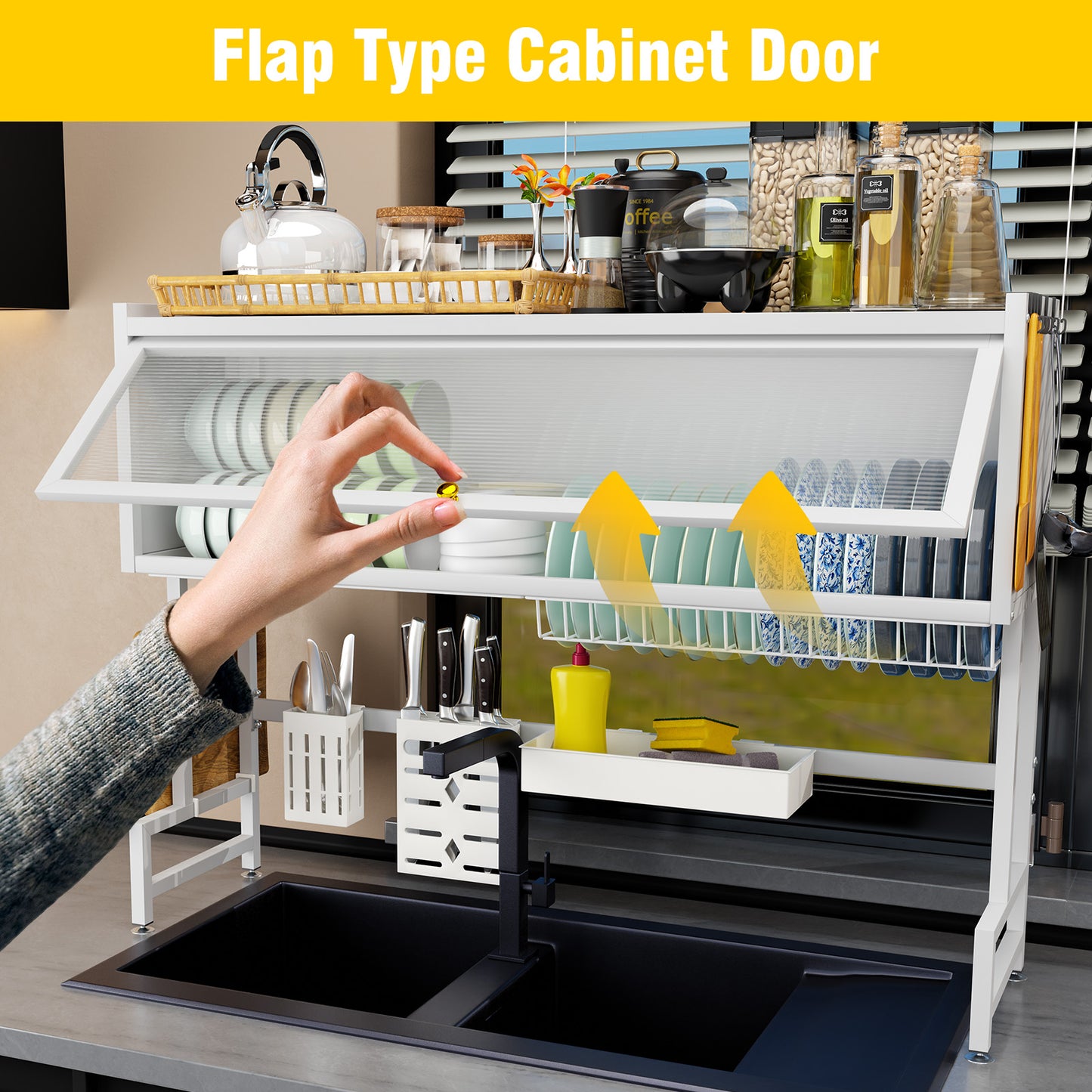 Over the Sink Dish Rack with Cabinet, Multifunctional Dish Drying Rack Above Sink with Visible Cupboard Door for Drying Dishes, Glasses, Bowls, and Utensils, White, Length-41.34"