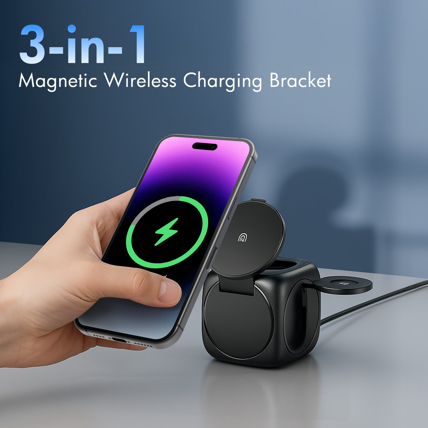 Foldable Magnetic Wireless Charger for iPhone Airpods iWatch, Portable 3 in 1 Charging Station Cube For Apple Multiple Devices - Travel Charging Pad Dock Compatible with Apple 12 and above series