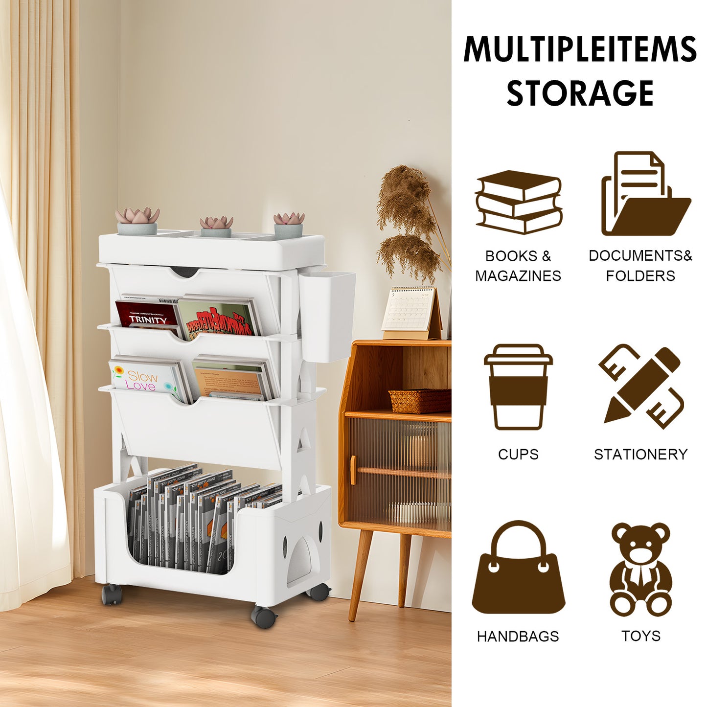 CATGOOD Movable Book Rack with Pen Holder, 5-Tier Storage Bookcase Organizer Mobile Bookshelf Cart with Wheels, Mobile Utility Cart Storage, for Living Room Classroom Office, White