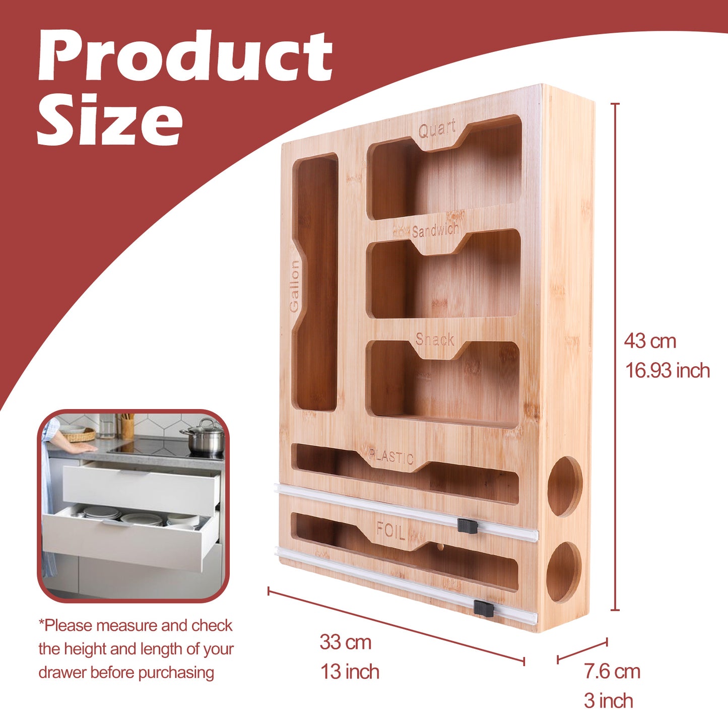 Bamboo Sealed Bag Ziplock Bag Storage Organizer for Kitchen Drawer,6 In 1 Wrap Dispenser Organizer With Cutter for Kitchen Drawer,Plastic Bag Storage for Gallon, Quart, Sandwich, Snack