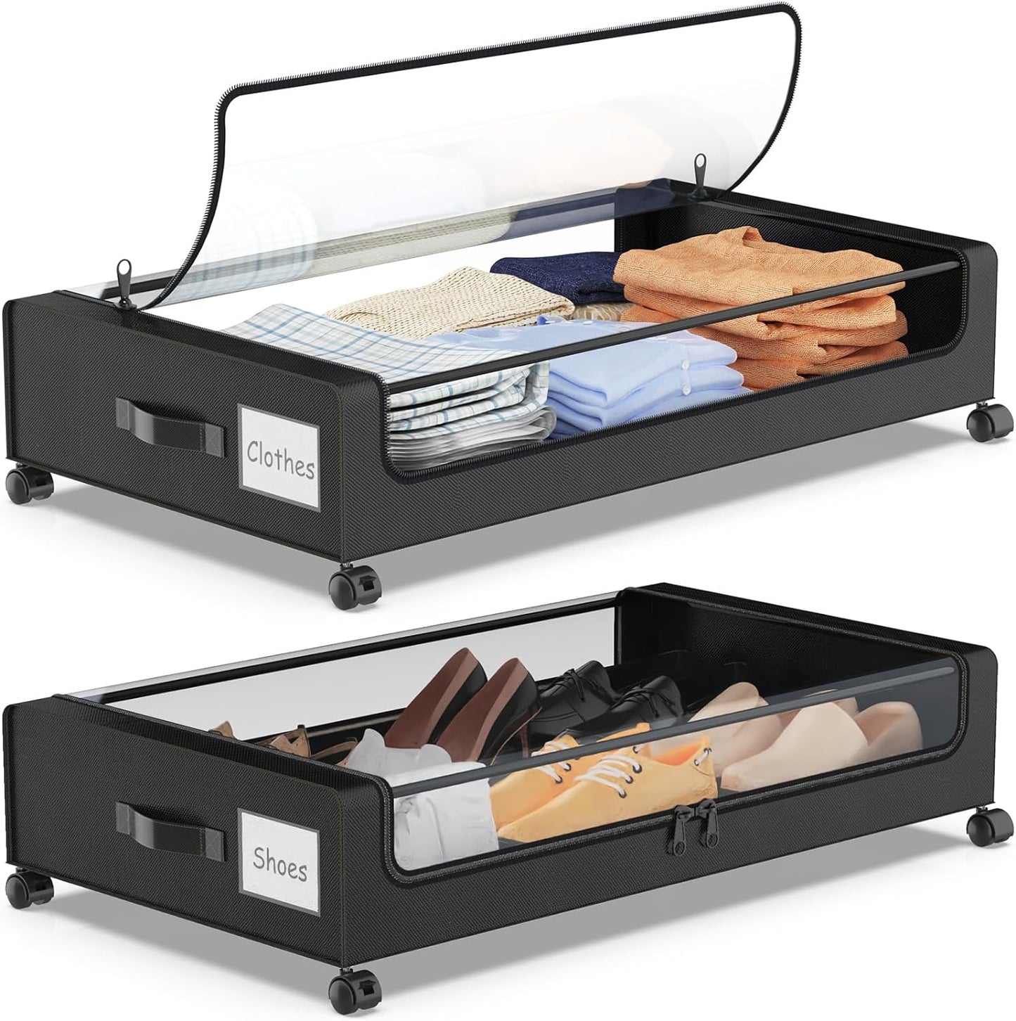 Under Bed Storage with Wheels, Under Bed Storage Containers, Under the Bed Storage Organizer with Clear Lids - Rolling Drawers & Bins for Clothes,Shoes,Toys, 2-Pack (Black)