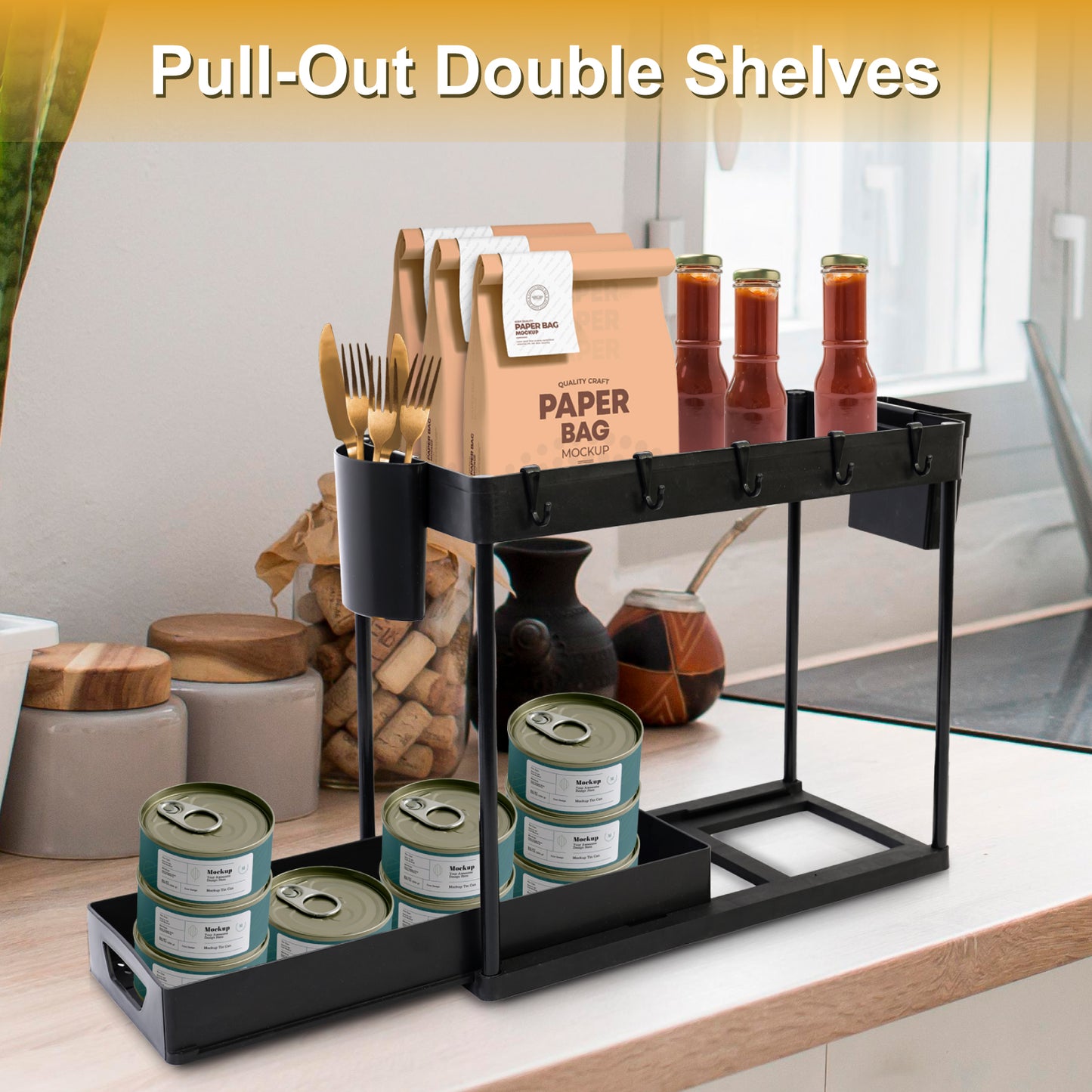Under Sink Organizers and Storage, 2 Tier Bathroom Under Sink Organizer with Hooks, Hanging Cups, Multi-purpose Storage Drawers, Bathroom Organizers Under Kitchen Sink