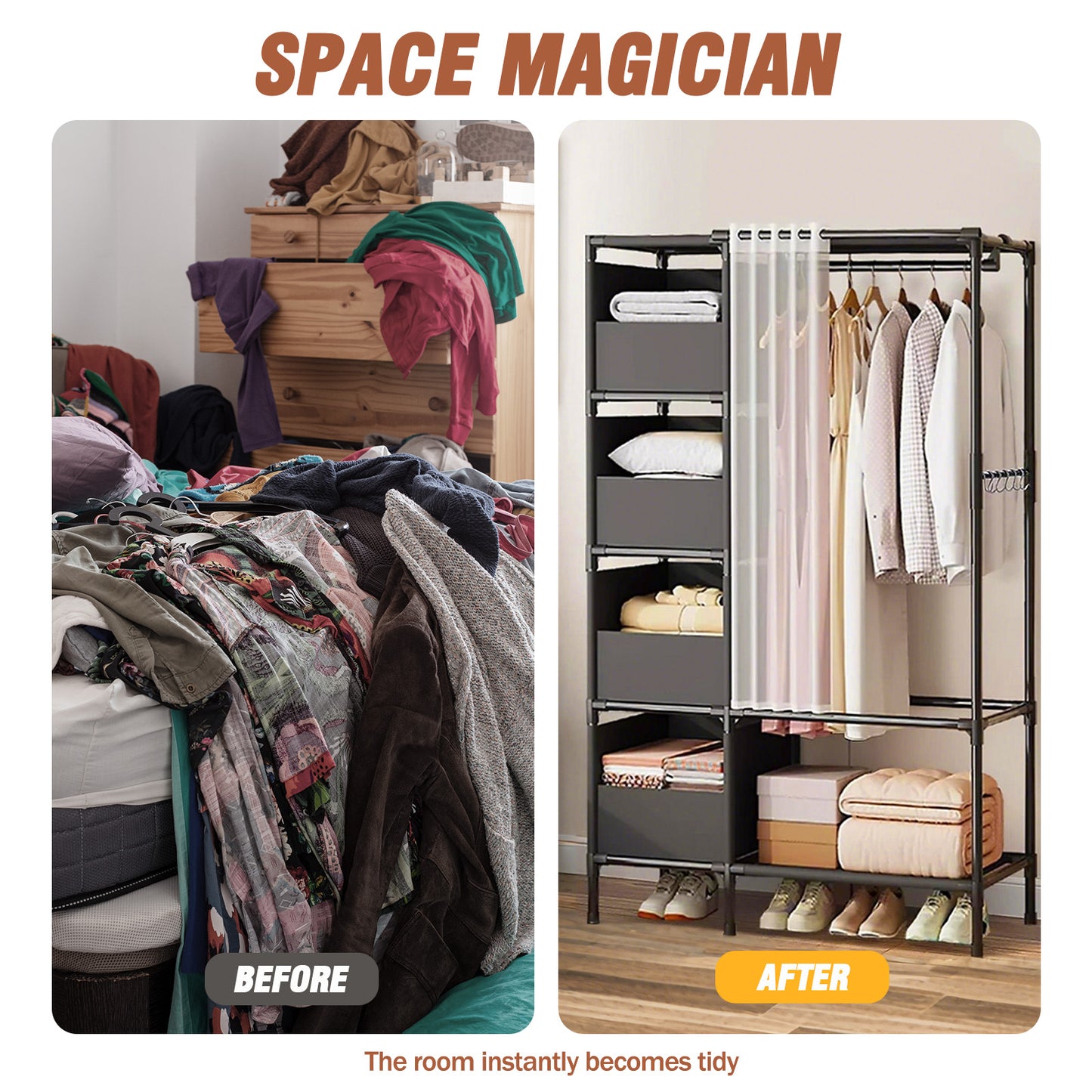 Clothing Rack for Hanging Clothes with Shelves, Portable Closet System Organizer Garment Rack for Clothes Storage, Metal Free Standing Wardrobe Clothes Organizer, Black