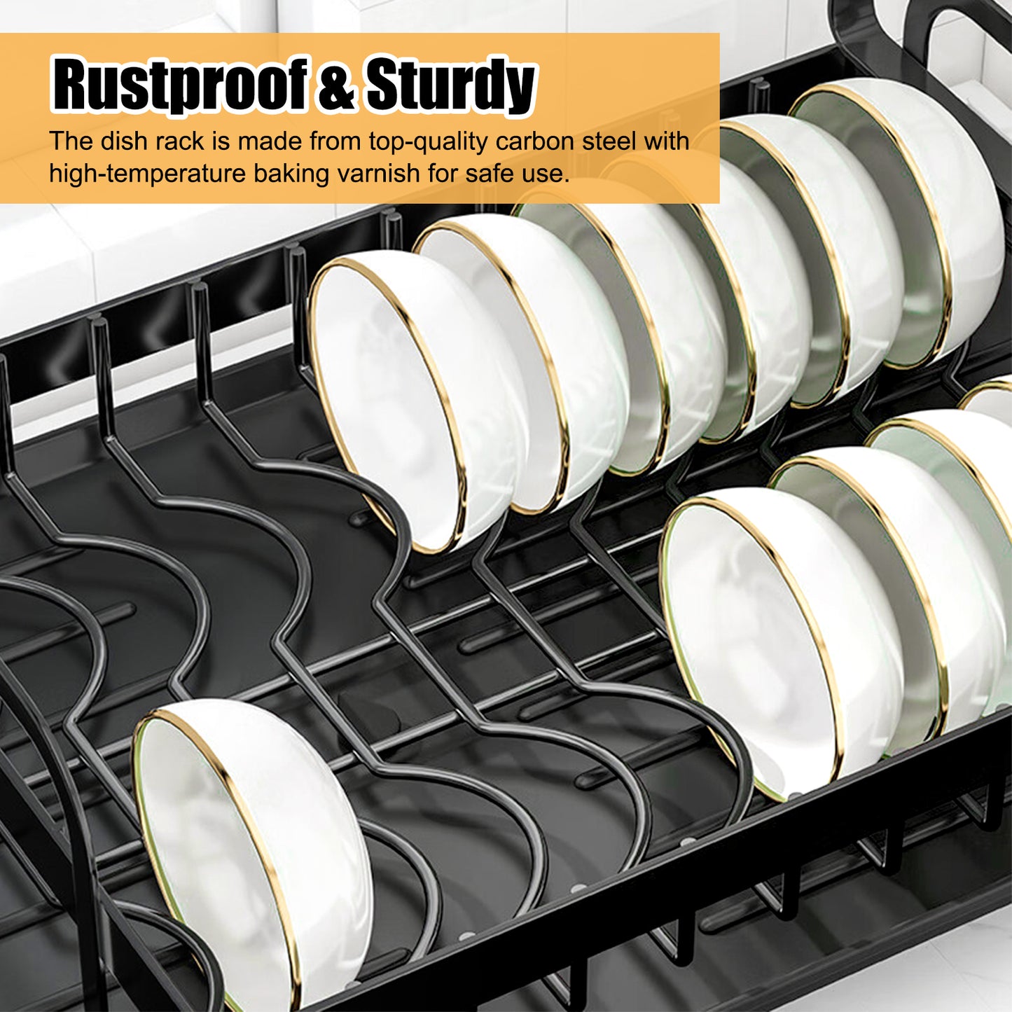 Over The Sink Dish Drying Rack with Drainage, Stainless Steel Large Multifunctional Dish Racks, Rustproof Dish Rack for Kitchen Counter Organization 2 Tier Black