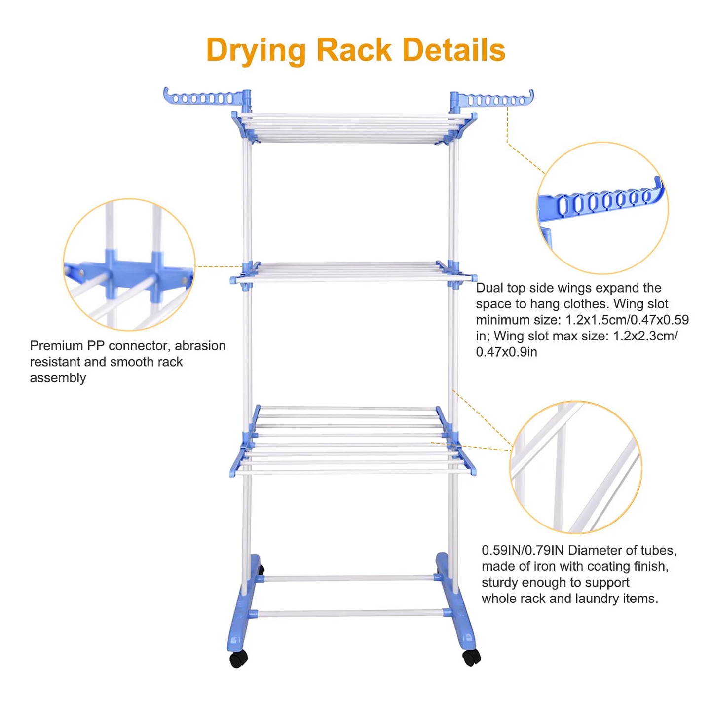 Homemart Clothes Drying Rack, 4-Tier Foldable Laundry Drying Rack, Stainless Steel Garment Clothes Dryer Indoor or Outdoor Standing Clothing Rack with Wheels, Blue
