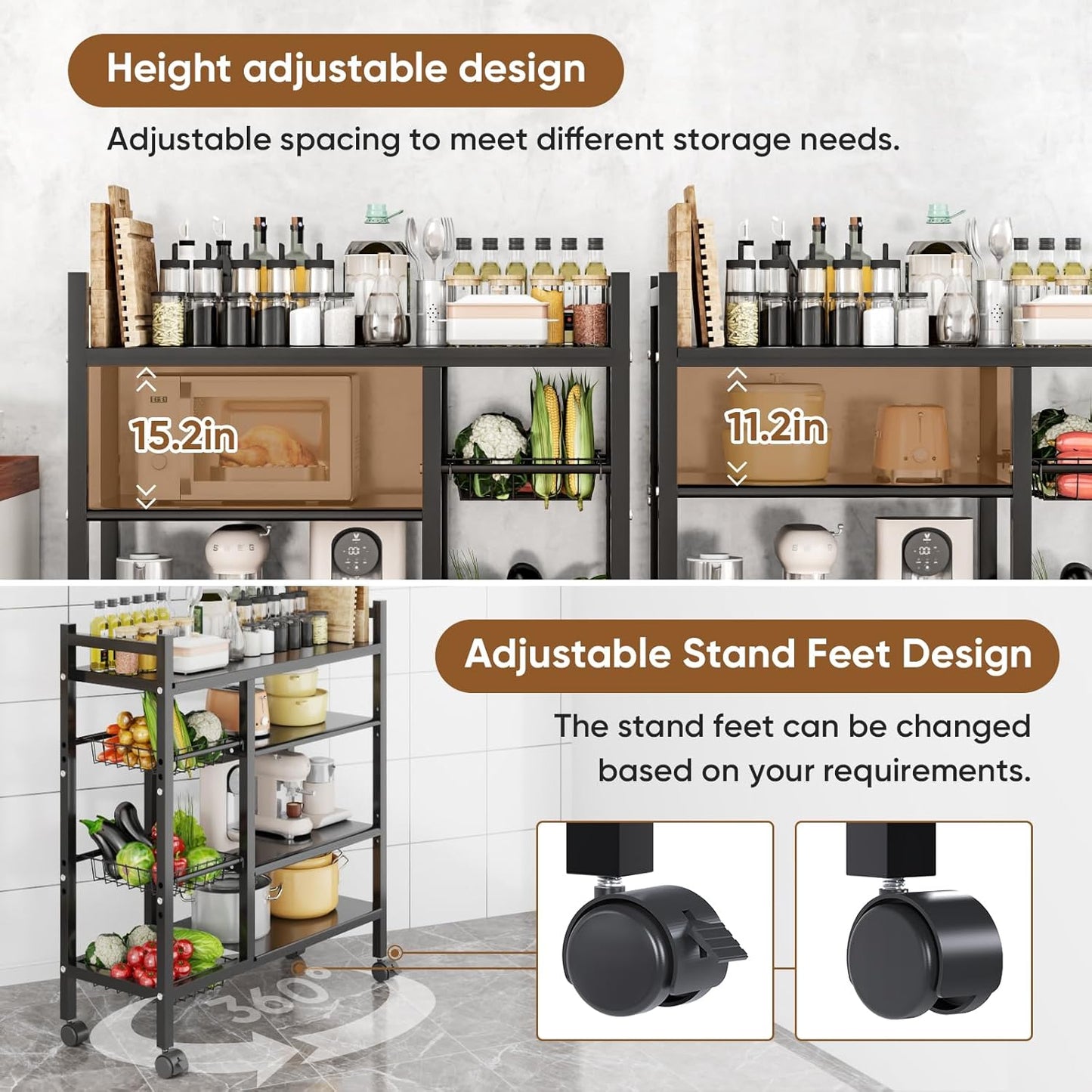 CATGOOD Kitchen Metal Shelf with 3 Baskets, 4 Tiers Multi-Functional Shelf with Wheels, Multi-Layer Mobile Kitchen Shelf Free Standing, Suitable for Kitchen, Bedroom, Living Room, and Balcony, Black