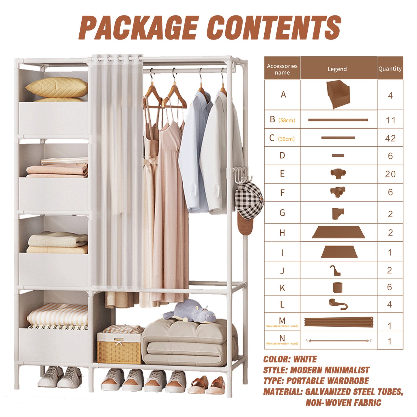 Clothes Rack, Portable Closet, Freestanding Closet Organizer with Curtain, 4 Tier Garment Rack for Bed Room, White