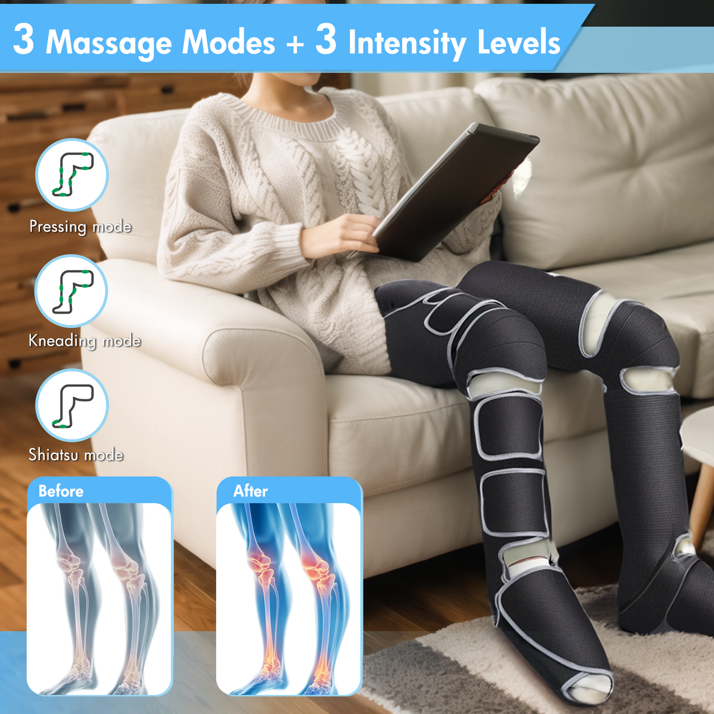 Leg Massager with Heat, Air Compression Thigh, Leg Air Compression Massager for Circulation and Pain Relief with 3 Modes, Muscles Relaxation
