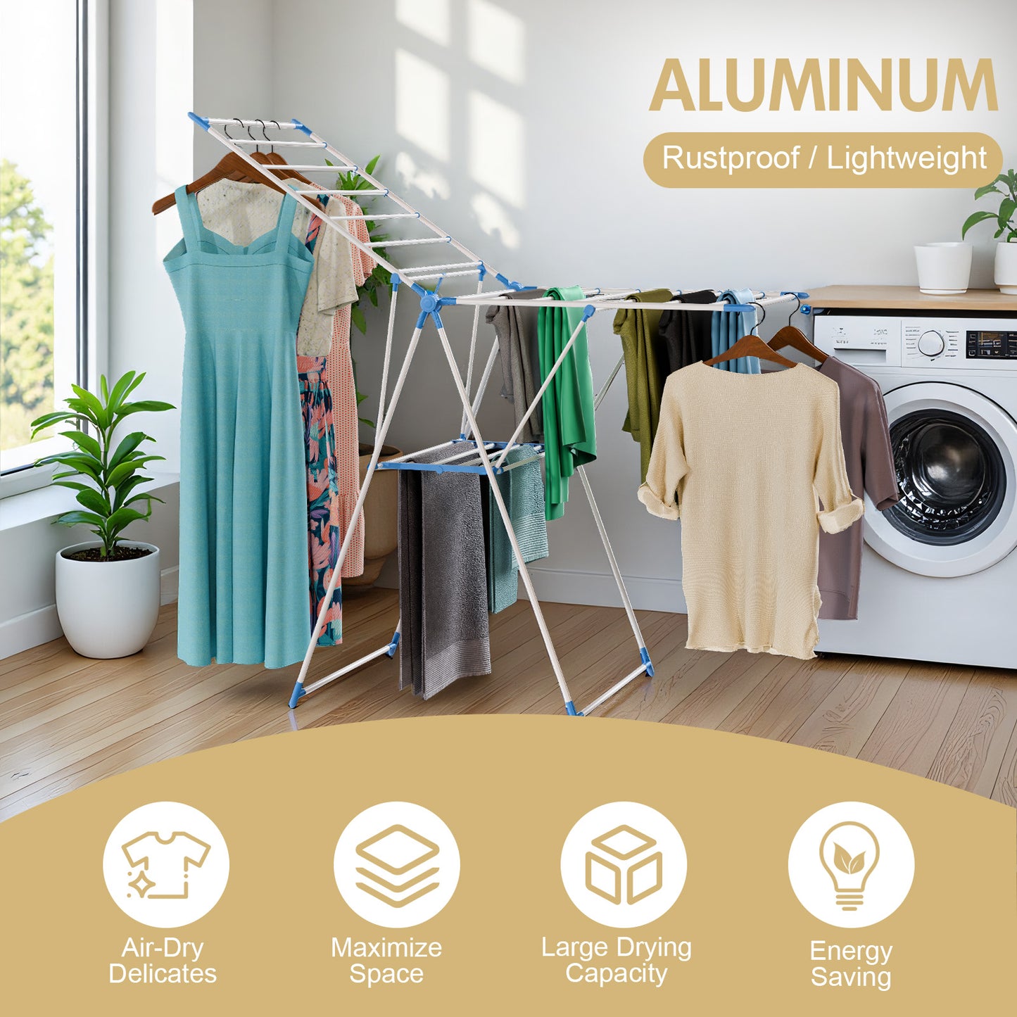 Portable 2-Layer Wing-Style Foldable Clothes Rack with Adjustable Height Wings, Suitable for Indoor/Outdoor Use, Blue