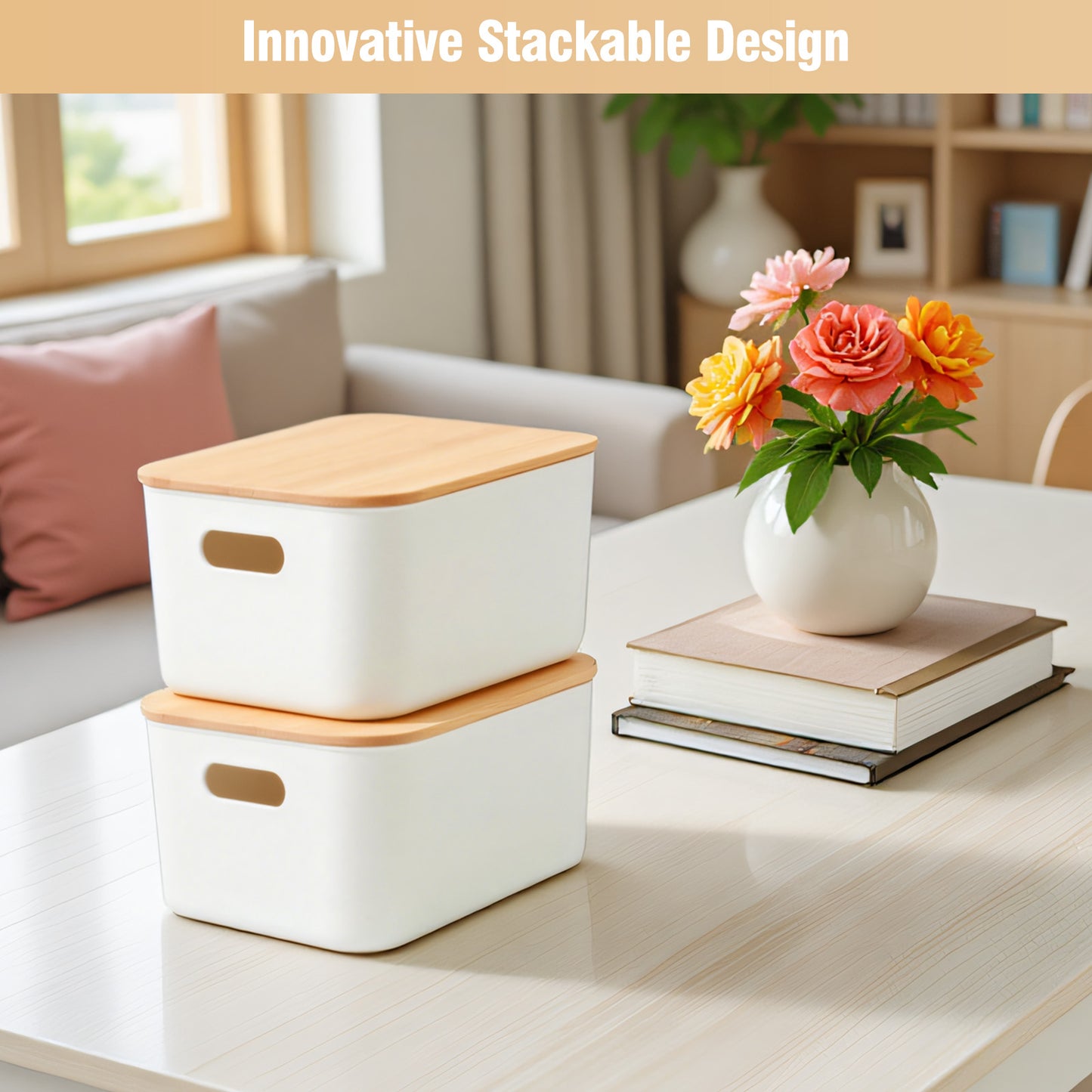CATGOOD Storage Bins with Bamboo Lids 2 Pack, White Stackable Storage Bins with Lids for Kitchen, Cabinet, Bathroom, Plastic Storage Baskets, Premium Minimalist Boxes, 15"x10.24"x6.3"