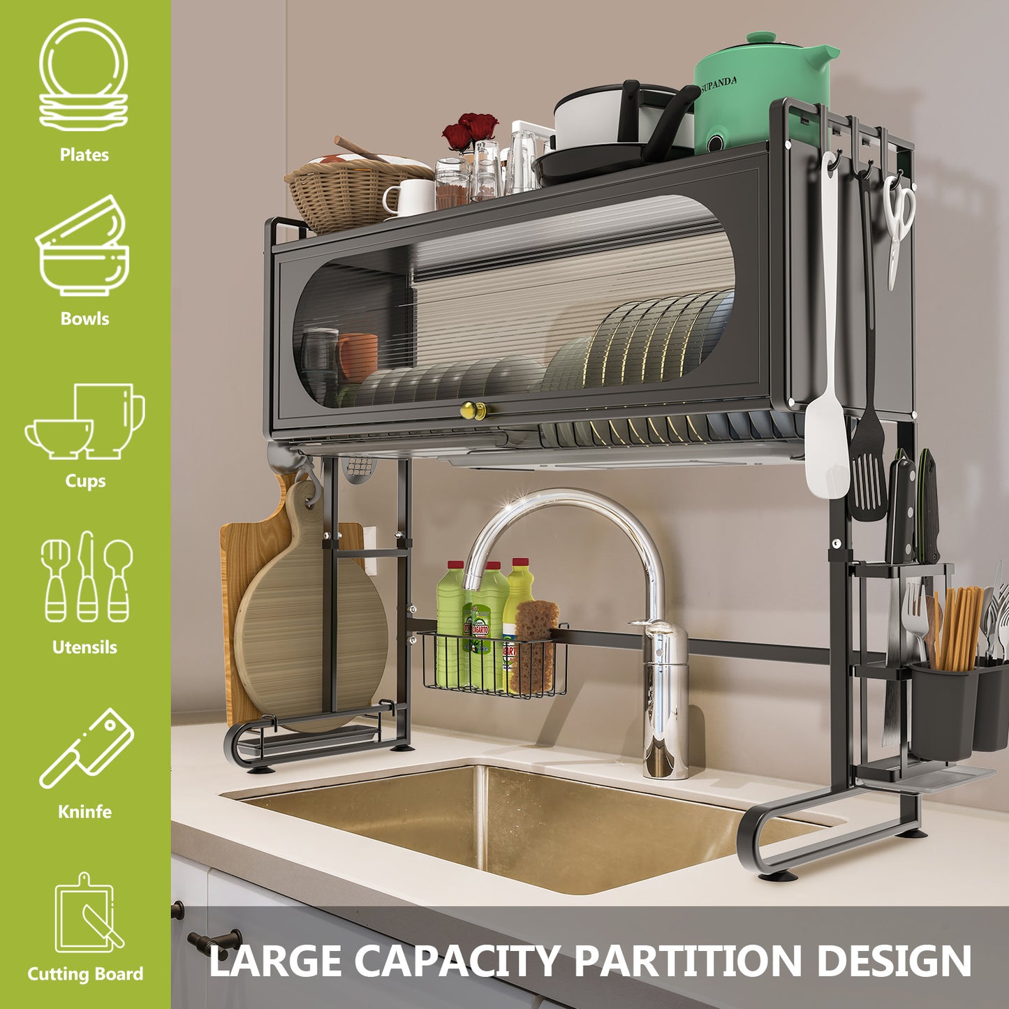 ALSO GO 3-tier Over The Sink Dish Drying Rack, Large Capacity Dish Rack with Cover, Expandable Length & Height, Adjustable Metal Dish Drainer for Kitchen Counter, Space-Saving, Black