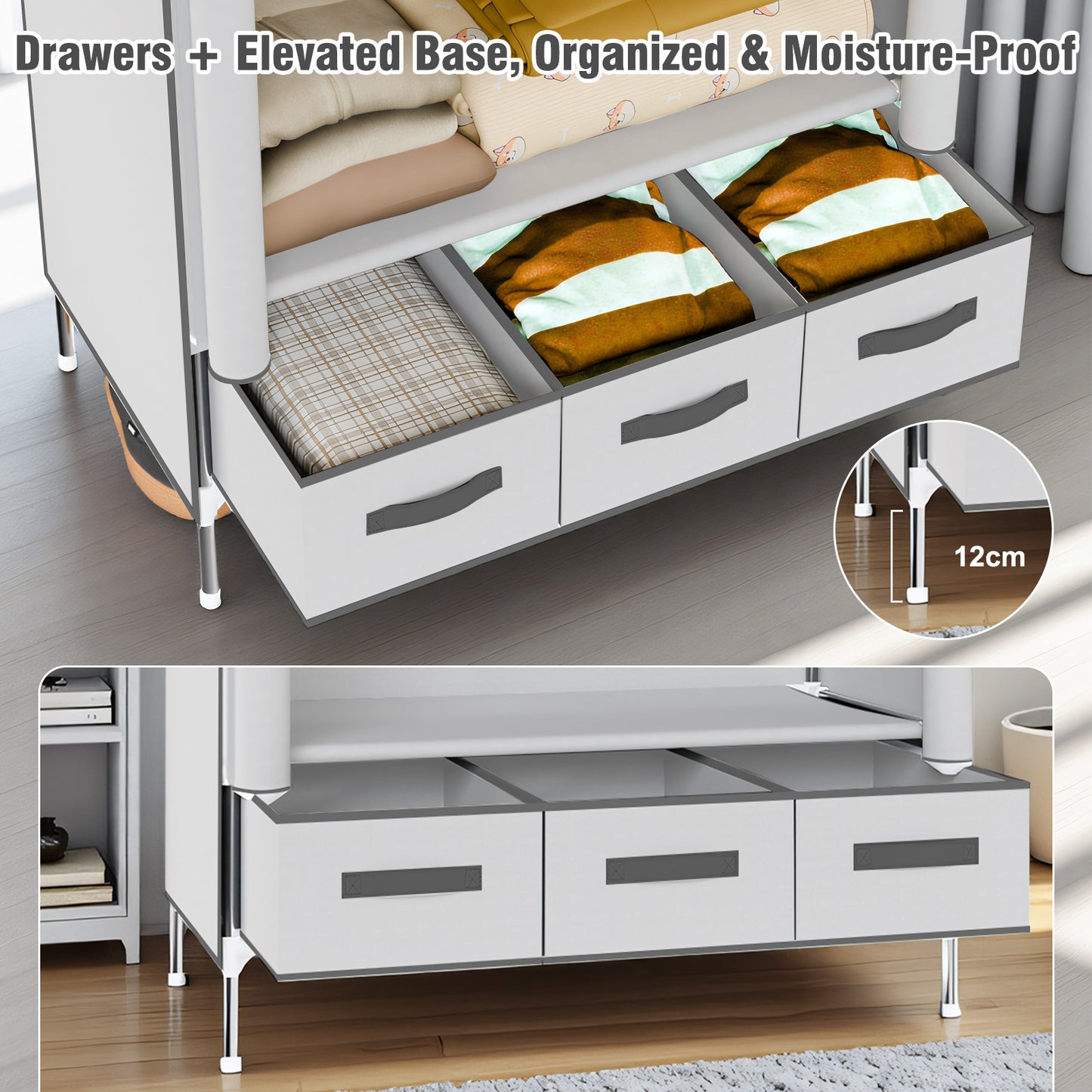 Portable Closet Wardrobe with 3 Storage Drawersfor Home Bedroom, 67 Inches Tall Closet Organizer with Hanging Space for Coats and Bags, turdy & Easy to Assemble, Off-White