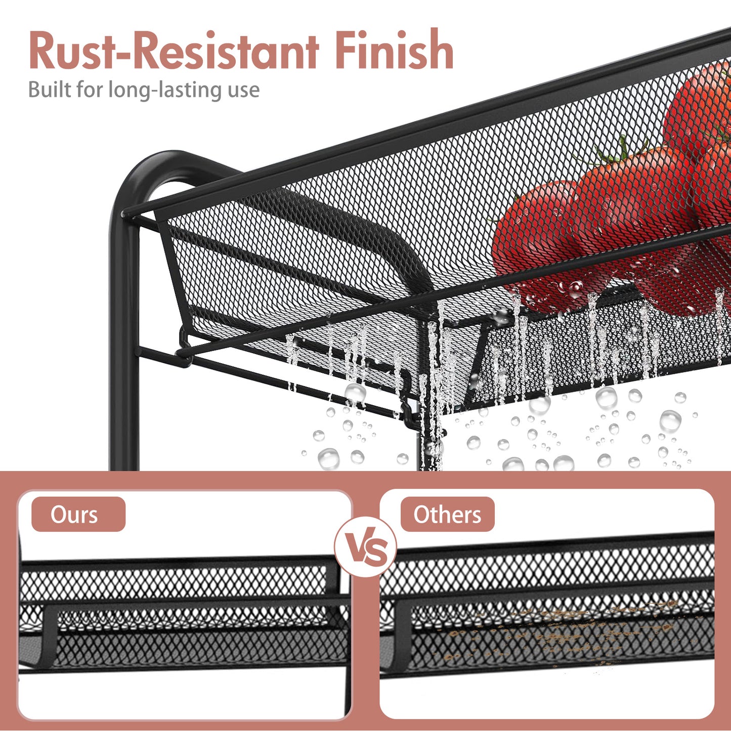 Mesh Rolling Cart with Lockable Wheels, 3 Tier Rustproof Metal Cart with Hooks, Kitchen Rolling Shelf, Mesh Storage Basket for Living Room, Bathroom, Kitchen, Office, Black