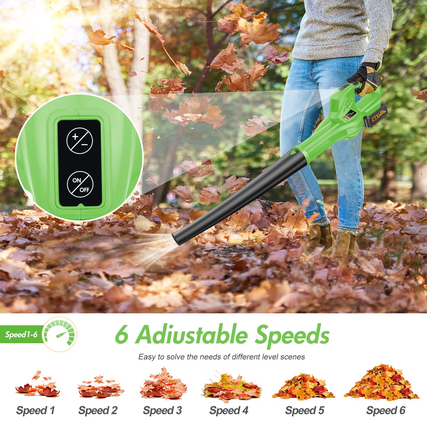 Cordless Leaf Blower, 21V Leaf Blower with 1 Battery, 6-Speed Leaf Blowers for Lawn Care, Patio, Blowing Leaves, Green