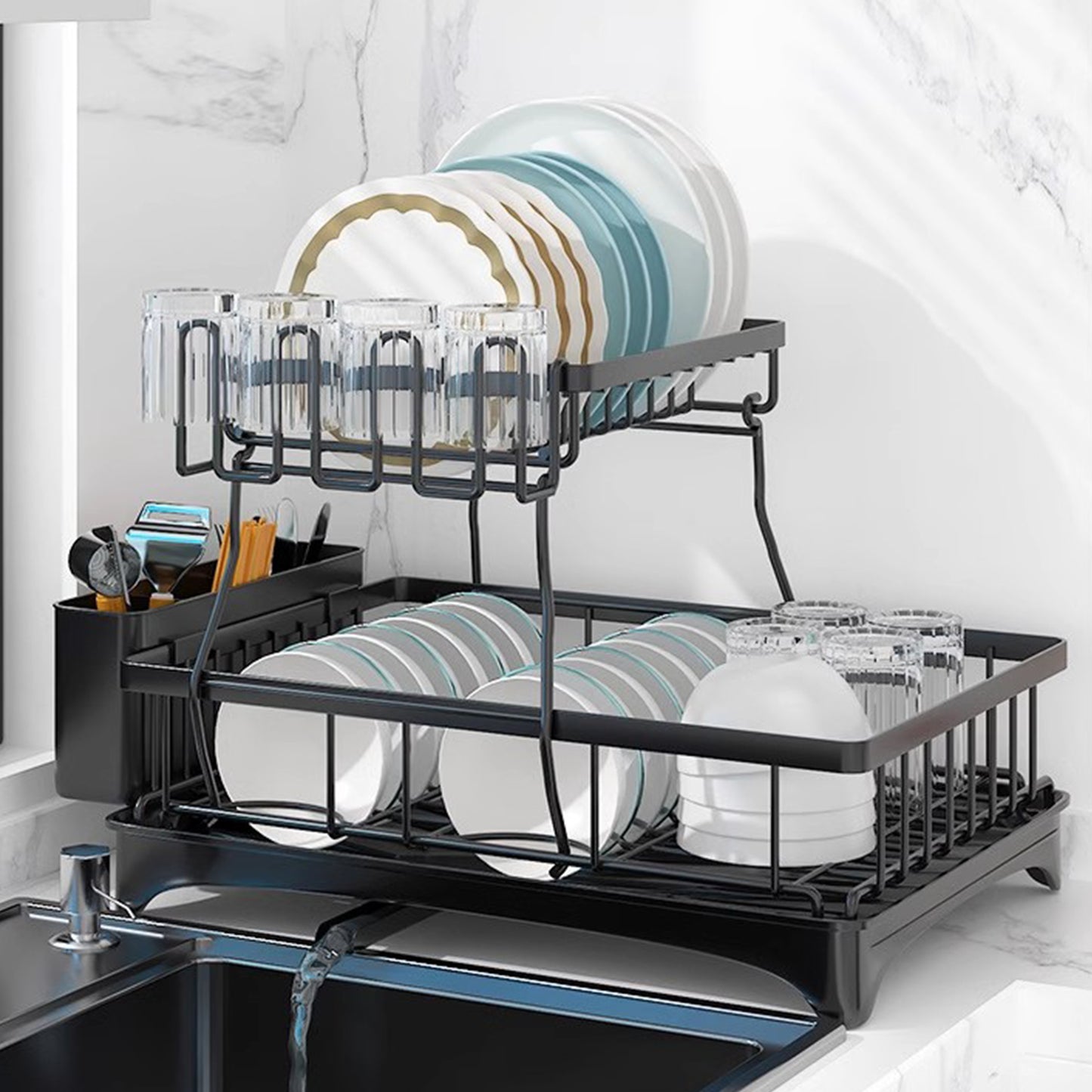 Dish Drying Rack for Countertop, Rustproof Space-Saving & Multipurpose 2-Tier Dish Rack for Kitchen Counter with Utensil Holder, Large Capacity, Black