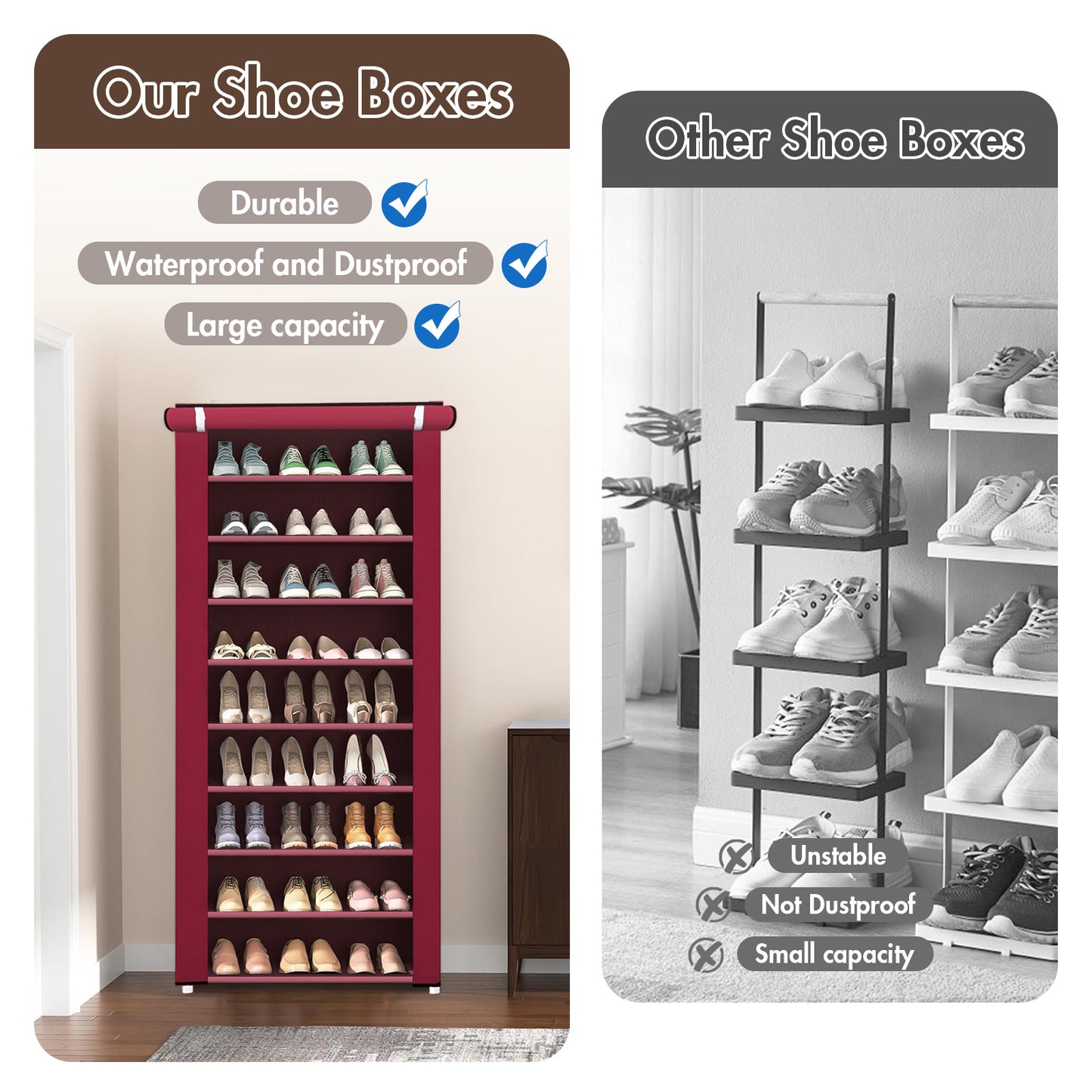 Portable Shoe Rack, 10-Tier 27 Paris Shoe Storage Cabinet with Cover, Non-Woven Fabric Shoe Storage Organizer, 9 Lattices Shoe Cabinet Tower Shelf Closet Wine Red
