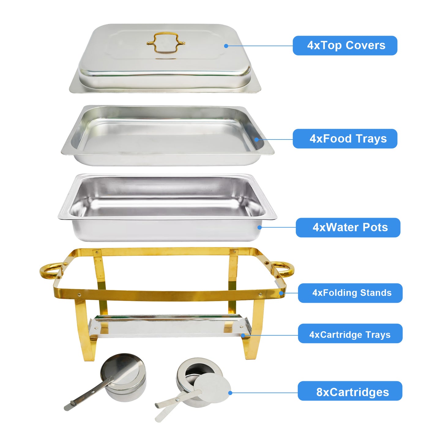 CATGOOD Chafing Dish Buffet Set 4 Pack, 8QT-9QT Rectangular Semi-Gold-Plated Stainless Steel Chafing Dish Set, Buffet Warmer for Hotel Catering, Parties, Weddings, Gold