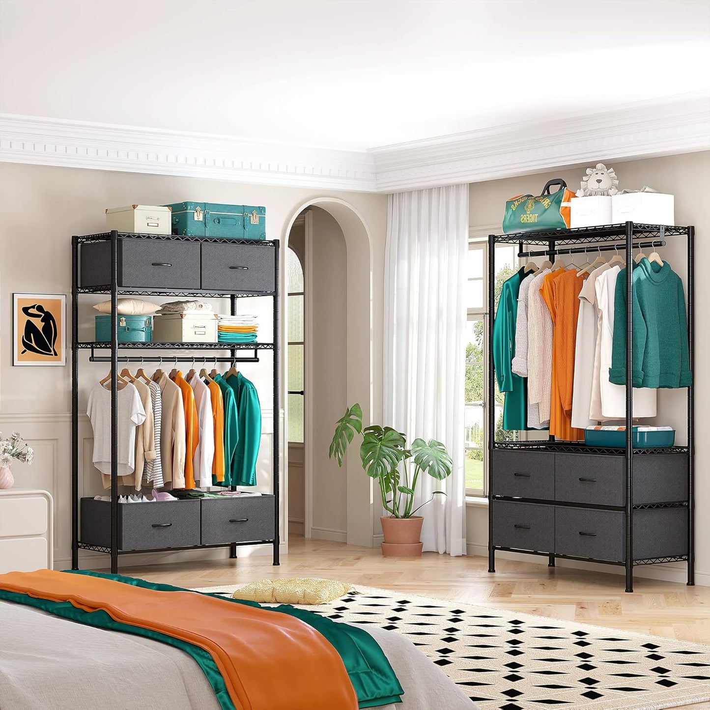 Clothing Rack Heavy Duty Clothes Rack for Hanging Clothes Adjustable Wardrobe Closet with 4 Drawers Freestanding Garment Rack for Extra Closet Space, Black