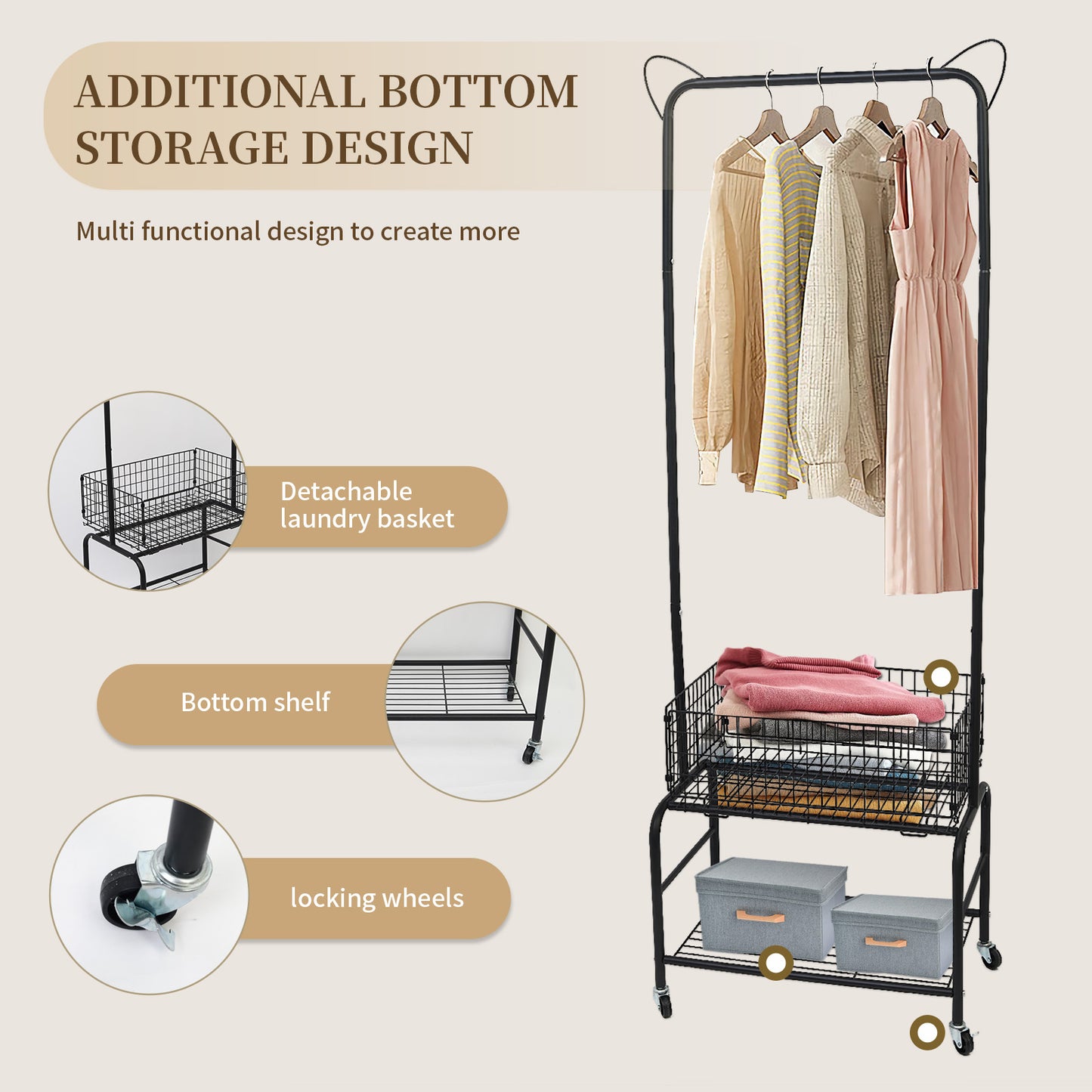 ALSO GO Rolling Laundry Cart with Clothes Rack, Multifunctional Rolling Laundry Hamper with Basket, Hamper Cart with Lockable Wheels, Black