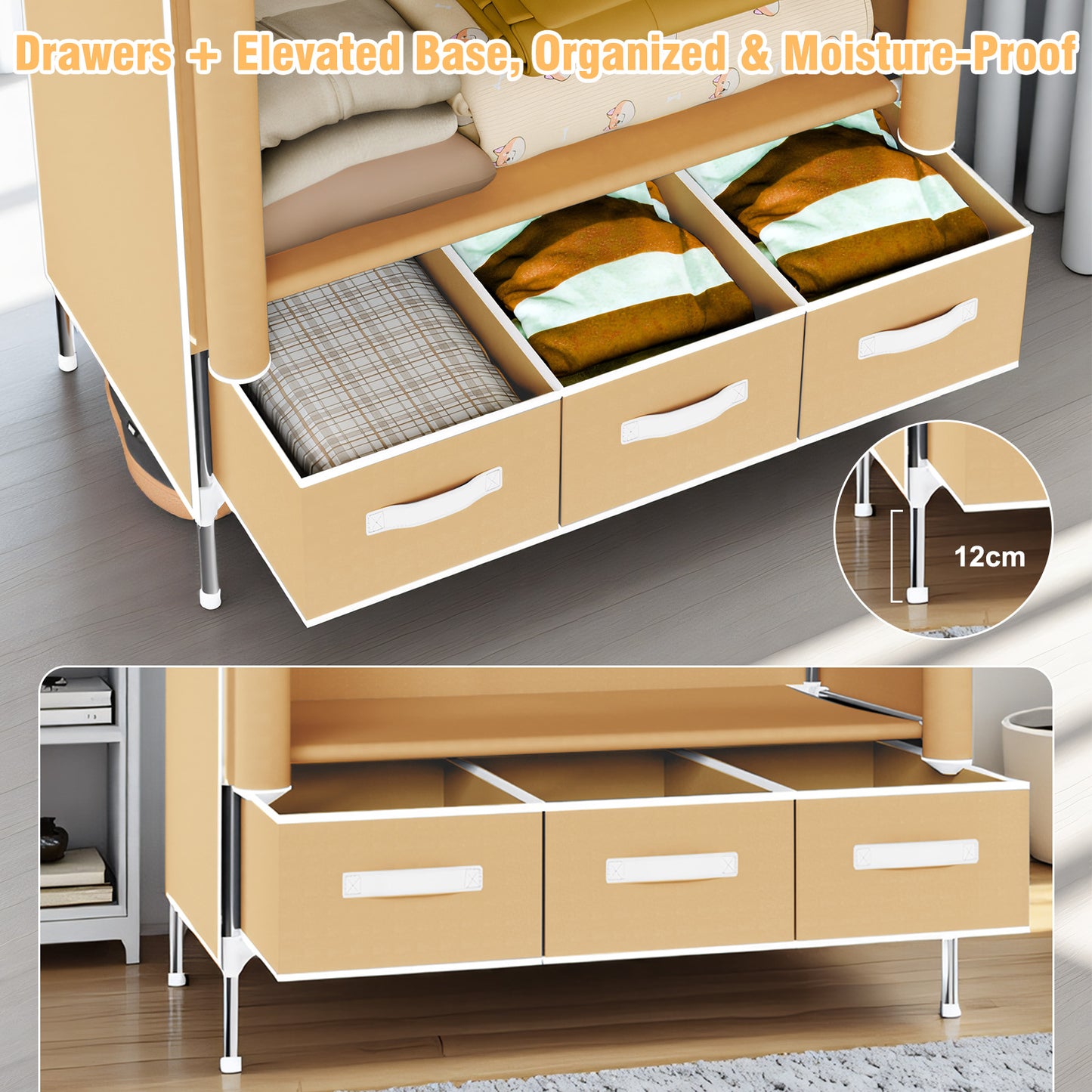 Non-Woven Fabric Closet Organizer for Coats and Bags, Portable Wardrobe Closet Includes 3 Storage Drawers for Home Bedroom, Sturdy & Easy to Assemble, Light Coffee