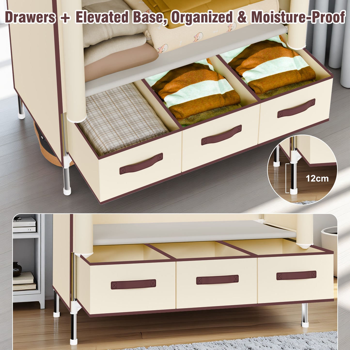 Durable Clothes Storage, Non-Woven Fabric Portable Closet Hanging Closet Organizers and Storage, Easy to Assemble, Includes 3 Storage Drawers, Ideal for Rentals, Dorms, Bedrooms, Beige