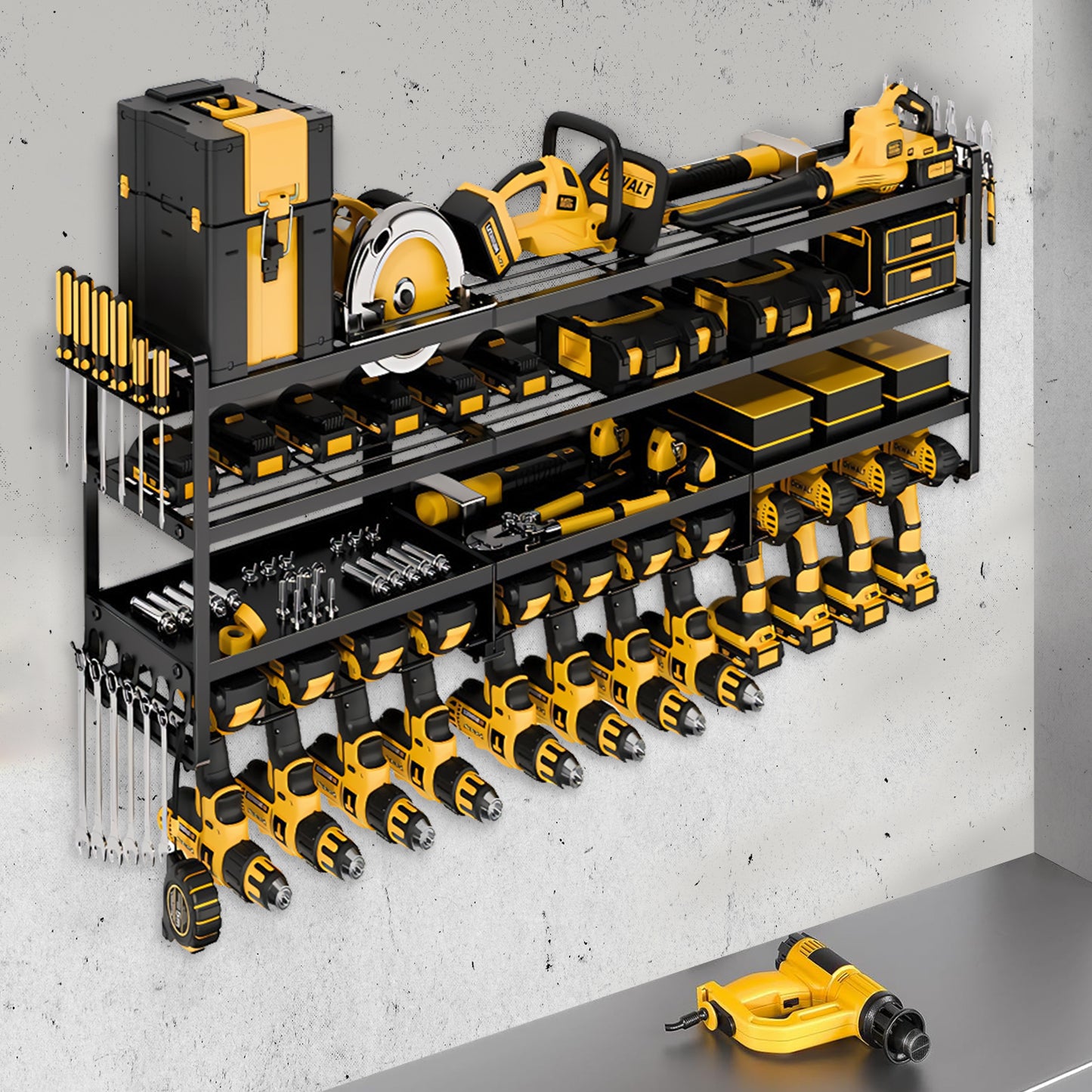 CATGOOD Power Tool Organizer 600 LBS with 12 Drill Holders, 4 Tier Heavy Duty Garage Organization Wall Mount, Large Alloy Steel Tool Wall Organizer Shelf, Perfect Gift for Men and Fathers