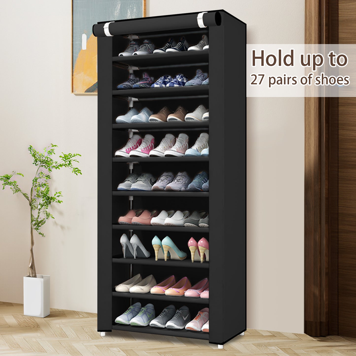 BAOKALER Portable Shoe Rack, 10-Tier 27 Paris Shoe Storage Cabinet with Cover, Non-Woven Fabric Shoe Storage Organizer 62.99*23.62*15.7 inch, Black