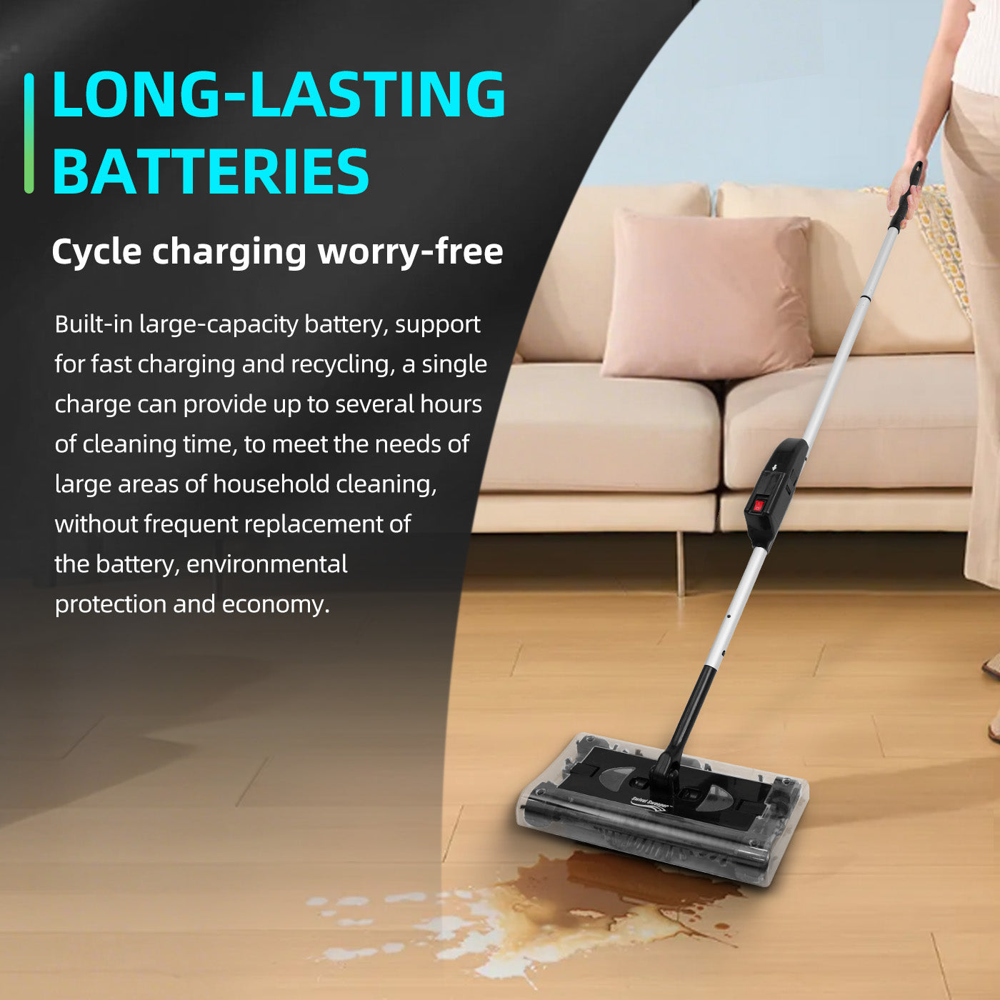 CATGOOD Cordless Rechargeable Floor & Carpet Sweeper, Manual Floor Sweeper Lightweight Floor Cleaner with Low Profile Body to Reach Under Furniture, Black