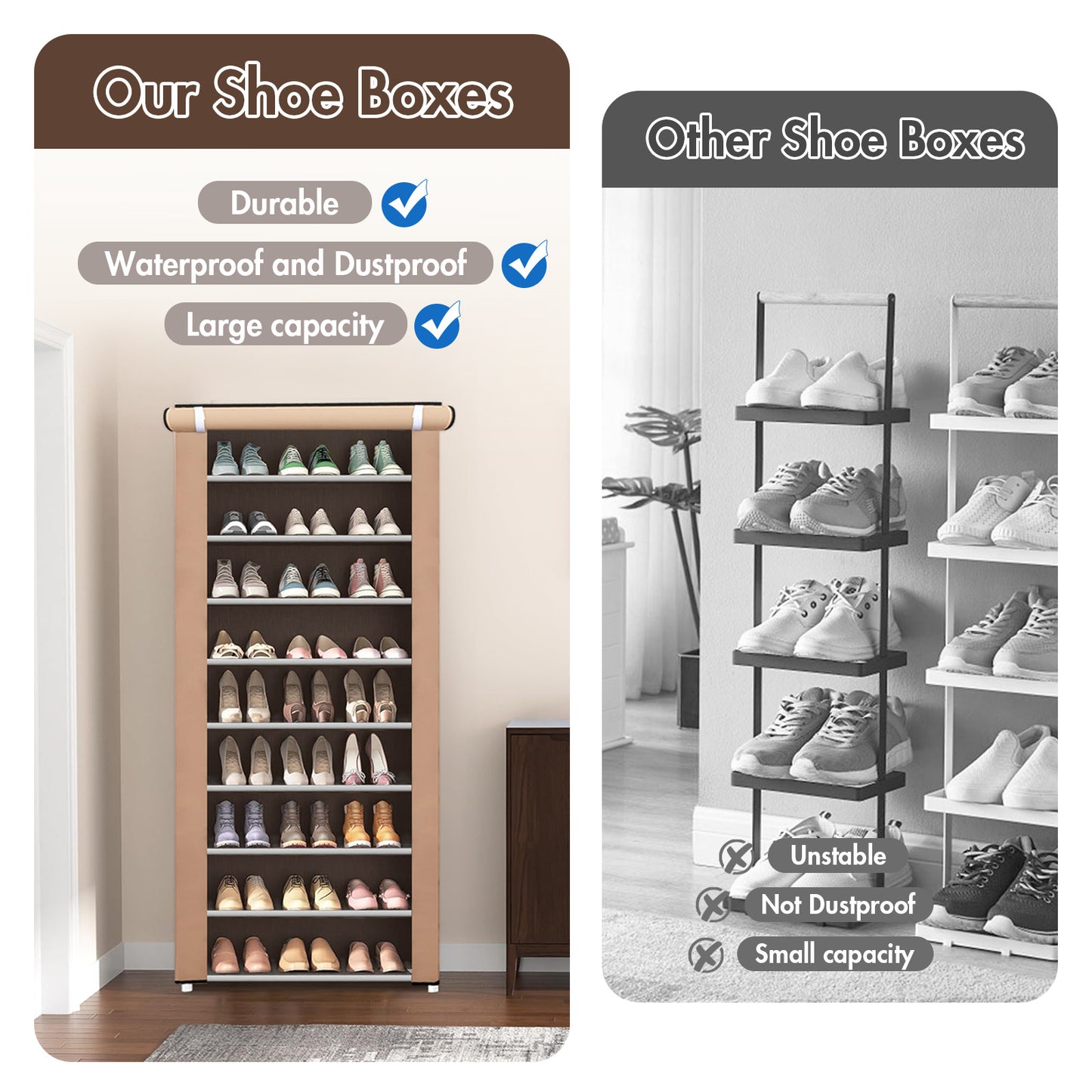 Portable Shoe Rack, 10-Tier 27 Paris Shoe Storage Cabinet with Cover, Non-Woven Fabric Shoe Storage Organizer, 9 Lattices Shoe Cabinet Tower Shelf Closet Coffee