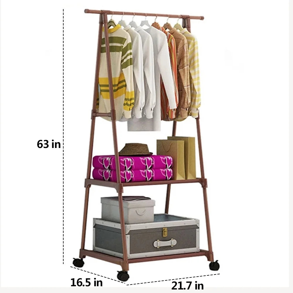 Clothes Rack on Wheels, Rolling Garment Rack with 2-Tier Storage Shelves for Shoes, Clothes, Portable Garment Laundry Rack for Home Office, Brown