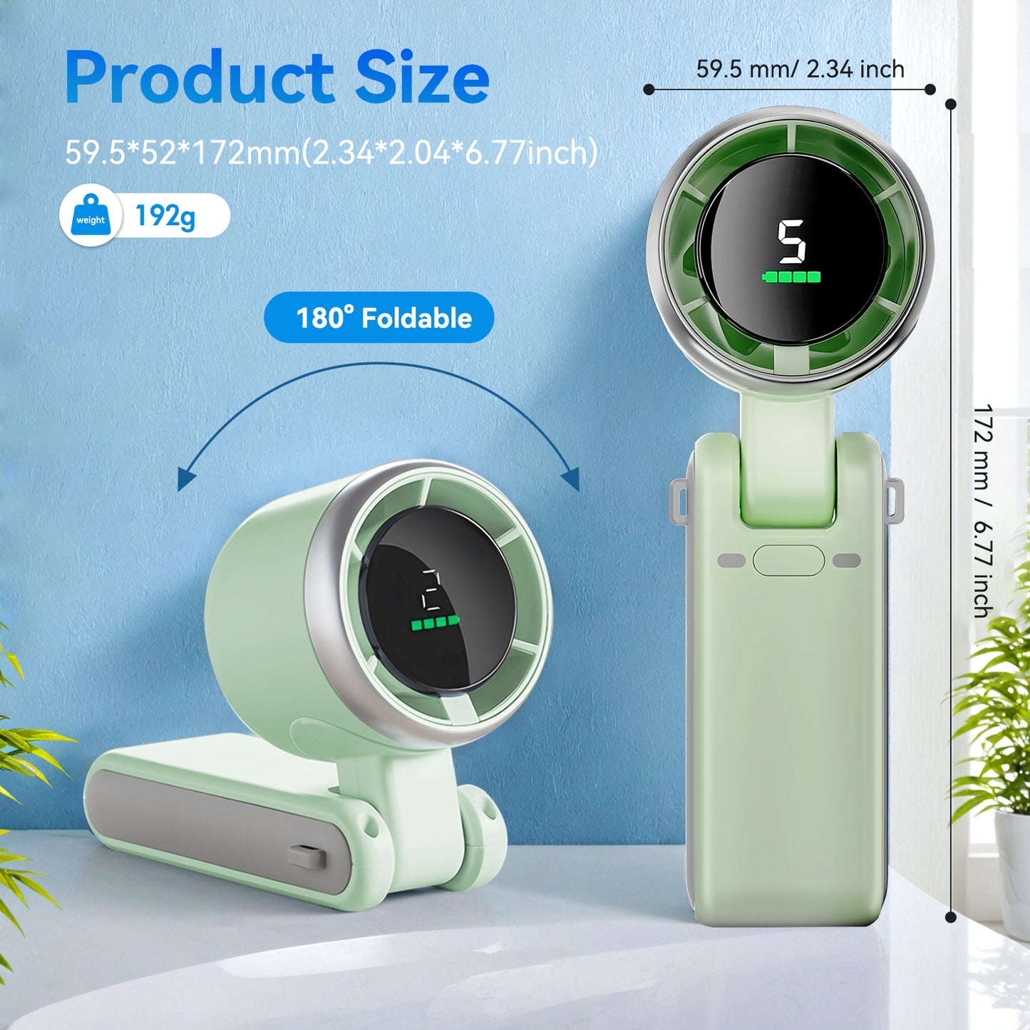 Portable Handheld Fan,5 Gear Wind Hand Fan,Up to 12 Working Hours,Battery Personal Rechargeable,3 IN 1 Hand Fan for Outdoor Activities, Travel, Working(Green,2 Pack)