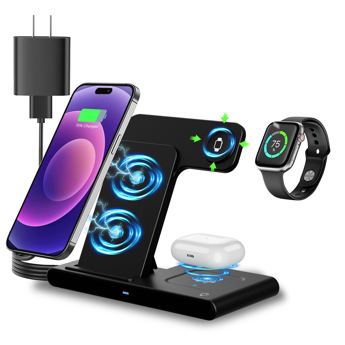 Wireless Charger, 3 in 1 Magnetic Charging Station 15W Fast Charging for iPhone 15 14 13 12 11 Pro Max, Compatible with iWatch 9-2, AirPods Pro, Portable, Foldable and Adjustable Angle,Clearance