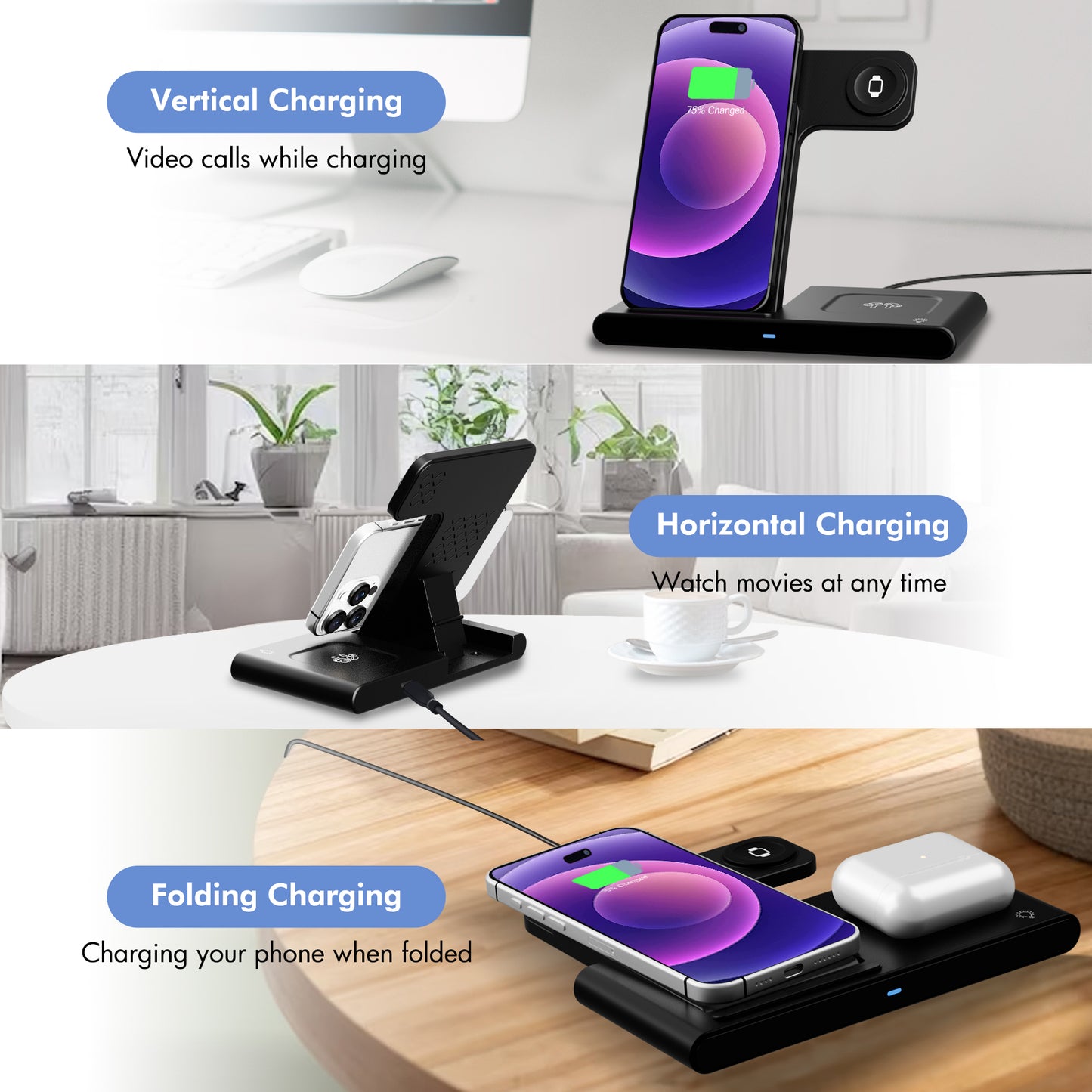 Wireless Charger, 3 in 1 Magnetic Charging Station 15W Fast Charging for iPhone 15 14 13 12 11 Pro Max, Compatible with iWatch 9-2, AirPods Pro, Portable, Foldable and Adjustable Angle,Clearance