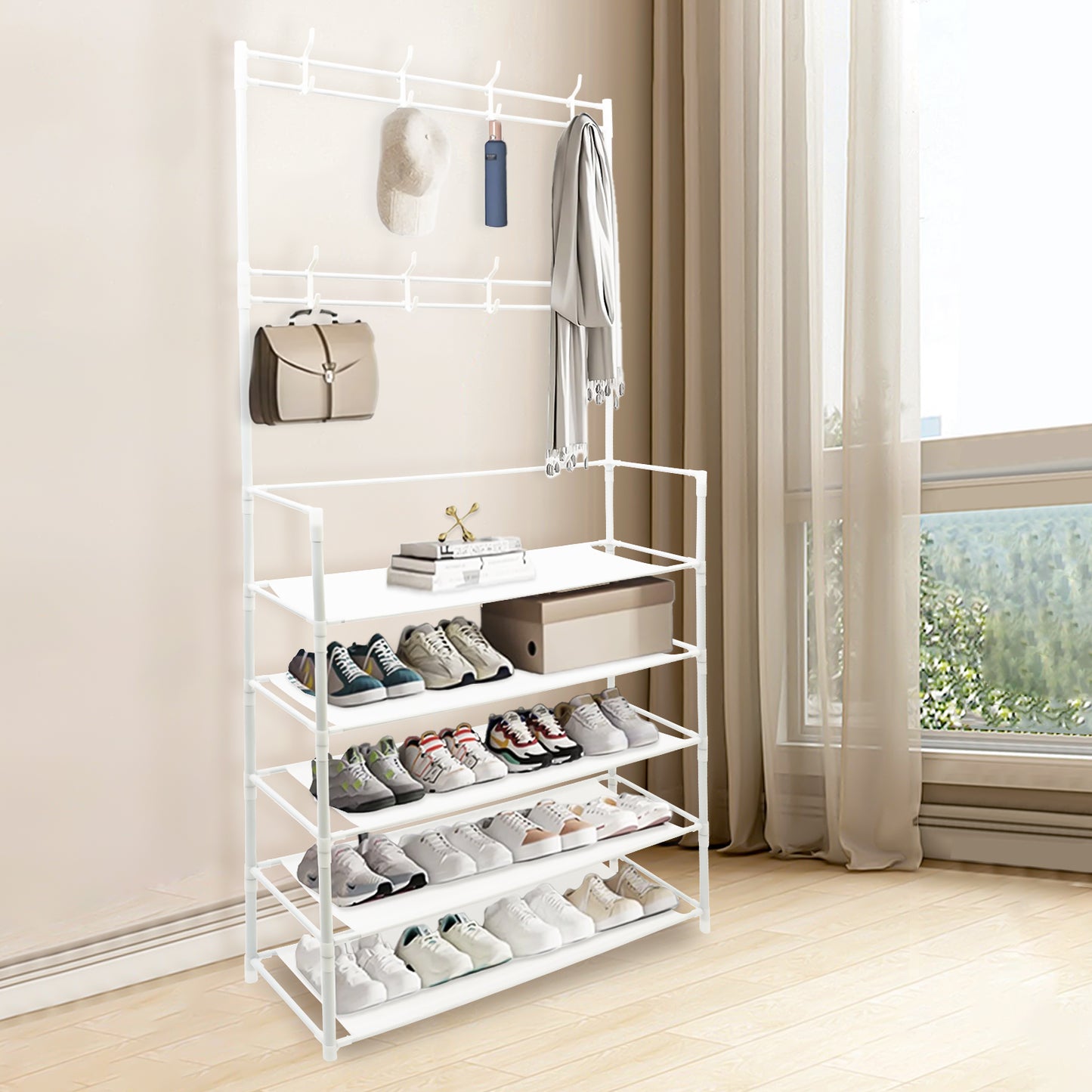 BAOKALER 5 Tier Coat and Shoe Rack Entryway Hall Tree with Storage, White, (10.3"D x 31.5"W x 65"H)