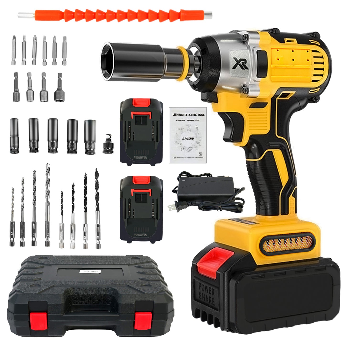 CATGOOD 20V Cordless Impact Wrench with 2 Batteries, 1/2" Brushless Impact Drill, Max Torque 280 ft lbs (380N.m), 30 Pcs Tool Set for Home, Yellow