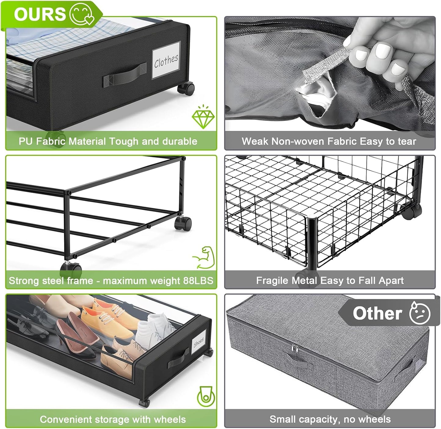 Under Bed Storage with Wheels, Under Bed Storage Containers, Under the Bed Storage Organizer with Clear Lids - Rolling Drawers & Bins for Clothes,Shoes,Toys, 2-Pack (Black)