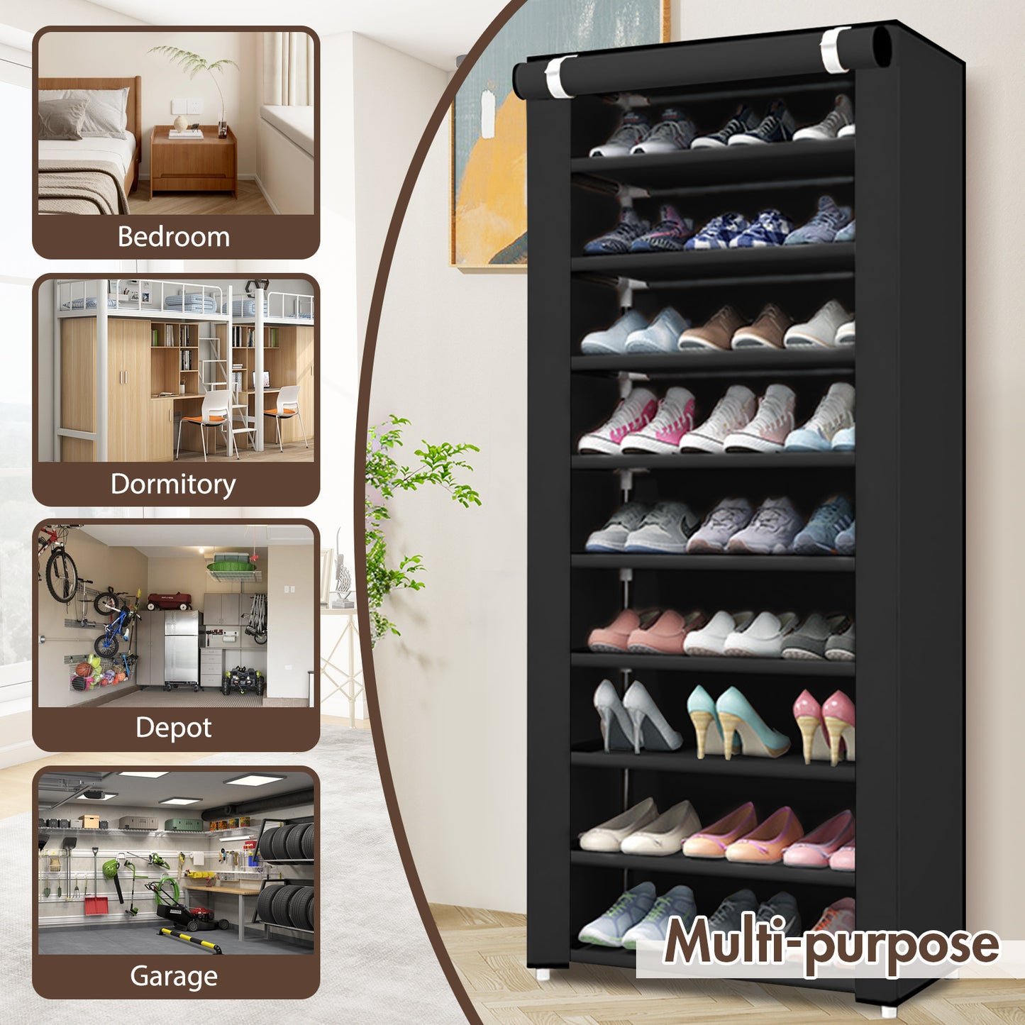 BAOKALER Portable Shoe Rack, 10-Tier 27 Paris Shoe Storage Cabinet with Cover, Non-Woven Fabric Shoe Storage Organizer 62.99*23.62*15.7 inch, Black