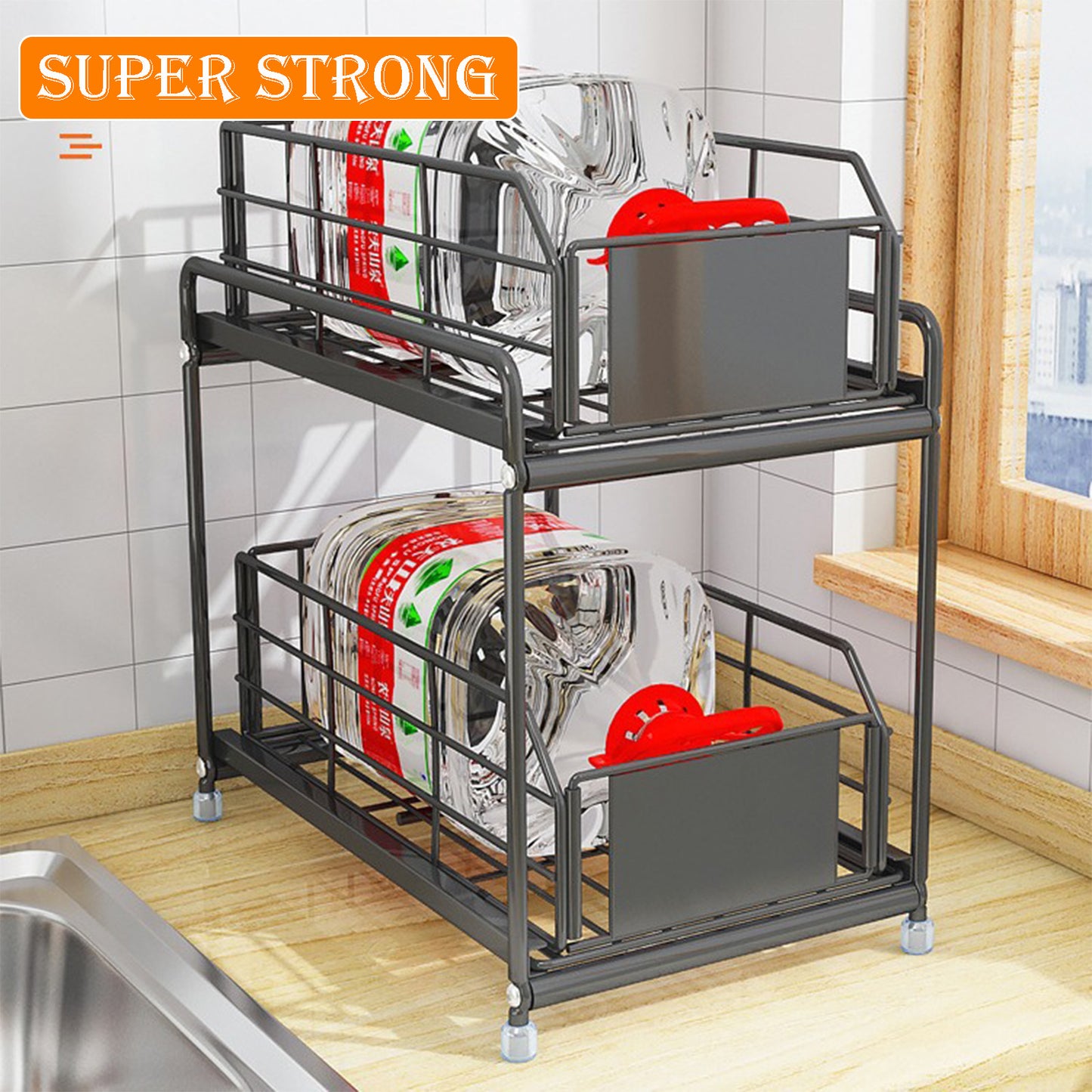 Also Go 2-Tier Under Sink Organizer with Sliding Drawer, Black