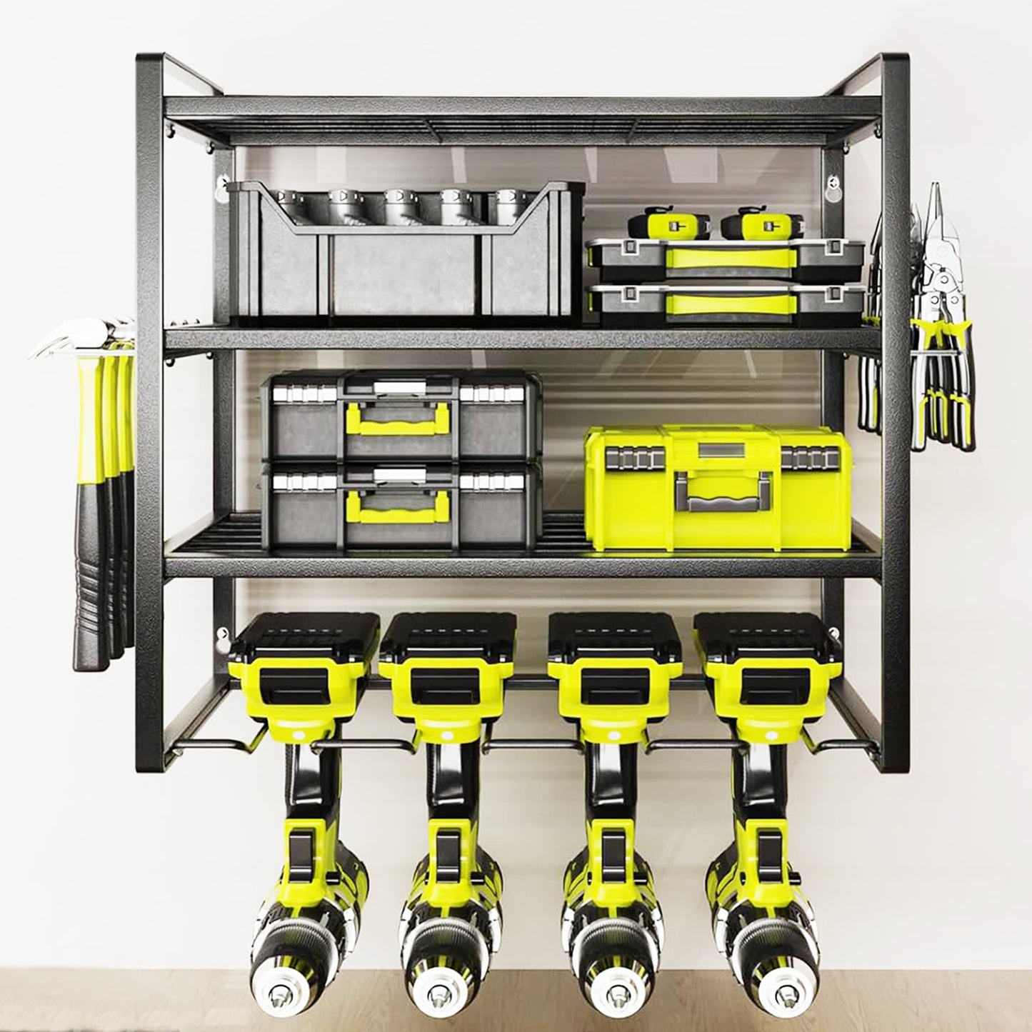 ALSO GO 4 Layers Power Tool Organizer, Heavy Duty Metal Tool Storage Rack, Drill Holder Wall Mount, Battery Tools Holder Shelf, Utility Tool Shelves for Workshop or Garage, Black