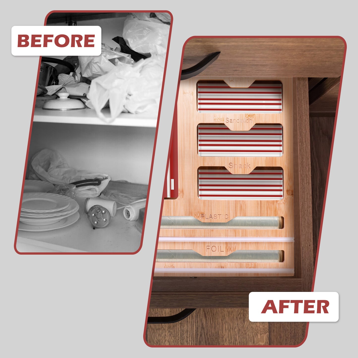 Bamboo Sealed Bag Ziplock Bag Storage Organizer for Kitchen Drawer,6 In 1 Wrap Dispenser Organizer With Cutter for Kitchen Drawer,Plastic Bag Storage for Gallon, Quart, Sandwich, Snack