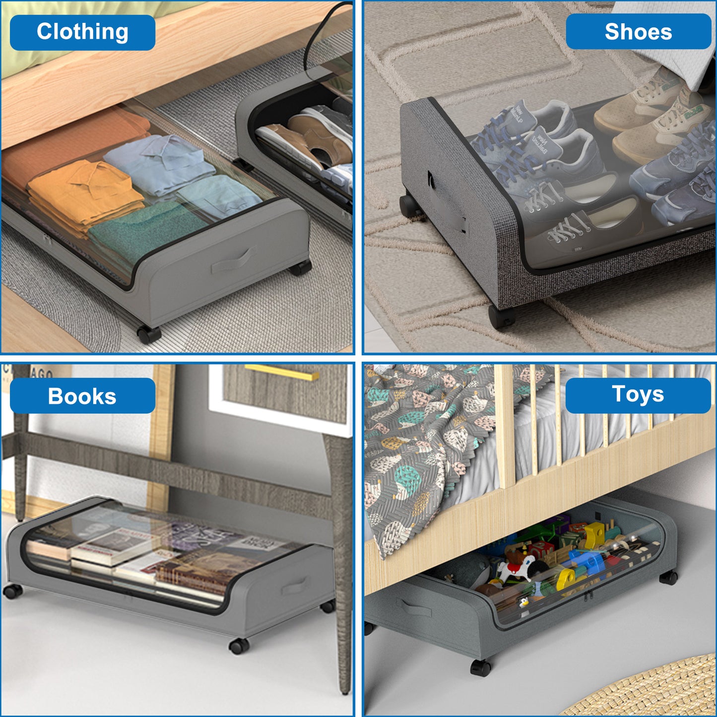 Under Bed Storage with Wheels, 2 Pack Under Bed Storage Containers, Under Bed Shoe Storage Organizer, Rolling Under Bed Metal Drawer for Clothes, Gray