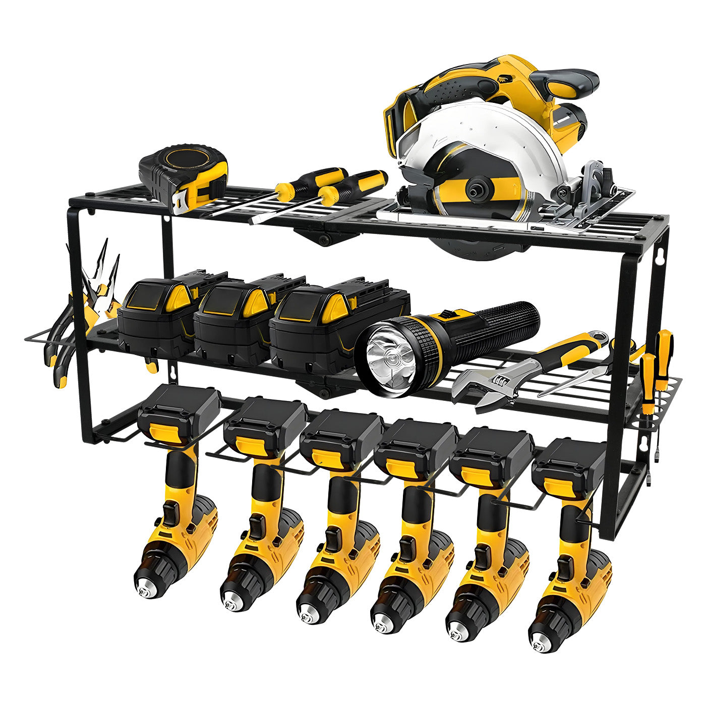ALSO GO Power Tool Organizer, Power Drill Holder Wall Mount, 3 Layers Heavy Duty Metal Tool Storage Rack, Battery Tools Holder Shelf, Adjustable Height Iron Tool Rack for Workshop or Garage, Black