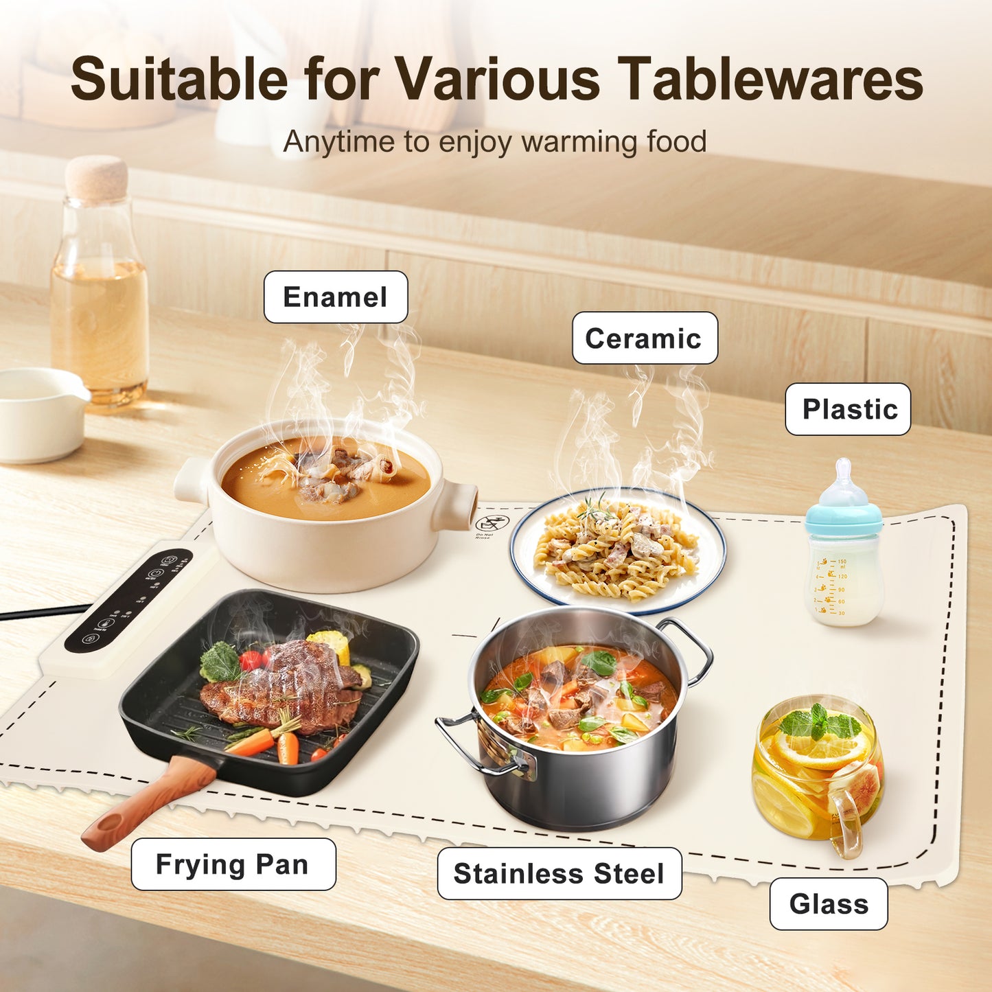 Food Warming Mat with 3-Level Digital Temperature Control, Watorproof and Foldable Electric Warming Tray, Silicone Heating Mat for Buffets Parties Gatherings and Daily Use, White
