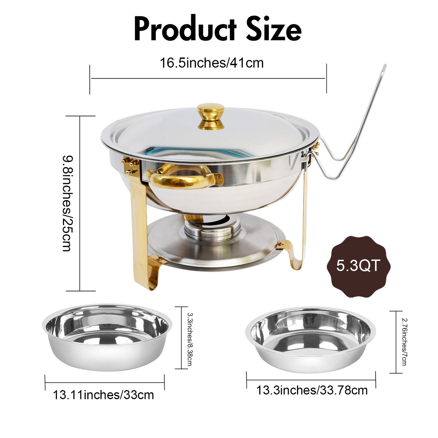 CATGOOD Chafing Dish Buffet Set 4 Pack 5QT Round Half-Gold Plated Stainless Steel Chafing Dish with Stainless Steel Lid, Buffet Warmer Set, for Home Gatherings, Christmas Parties, Catering Events