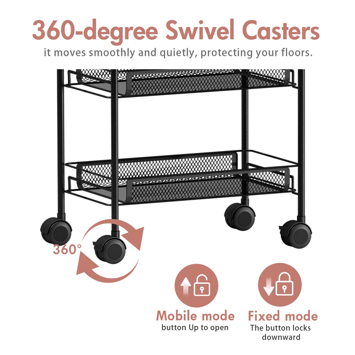 Mesh Rolling Cart with Lockable Wheels, 3 Tier Rustproof Metal Cart with Hooks, Kitchen Rolling Shelf, Mesh Storage Basket for Living Room, Bathroom, Kitchen, Office, Black