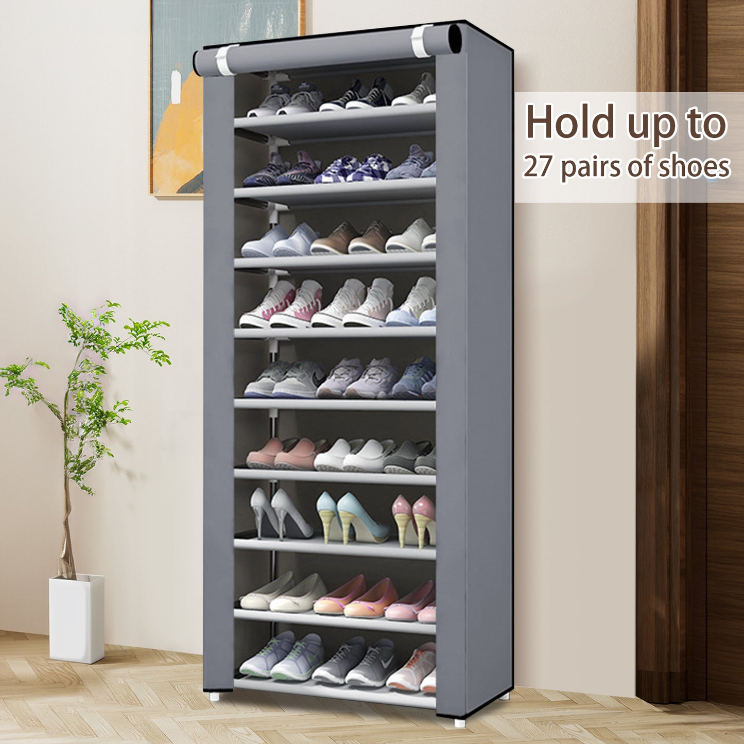 Portable Shoe Rack, 10-Tier 27 Paris Shoe Storage Cabinet with Cover, Non-Woven Fabric Shoe Storage Organizer, 9 Lattices Shoe Cabinet Tower Shelf Closet Silver Gray