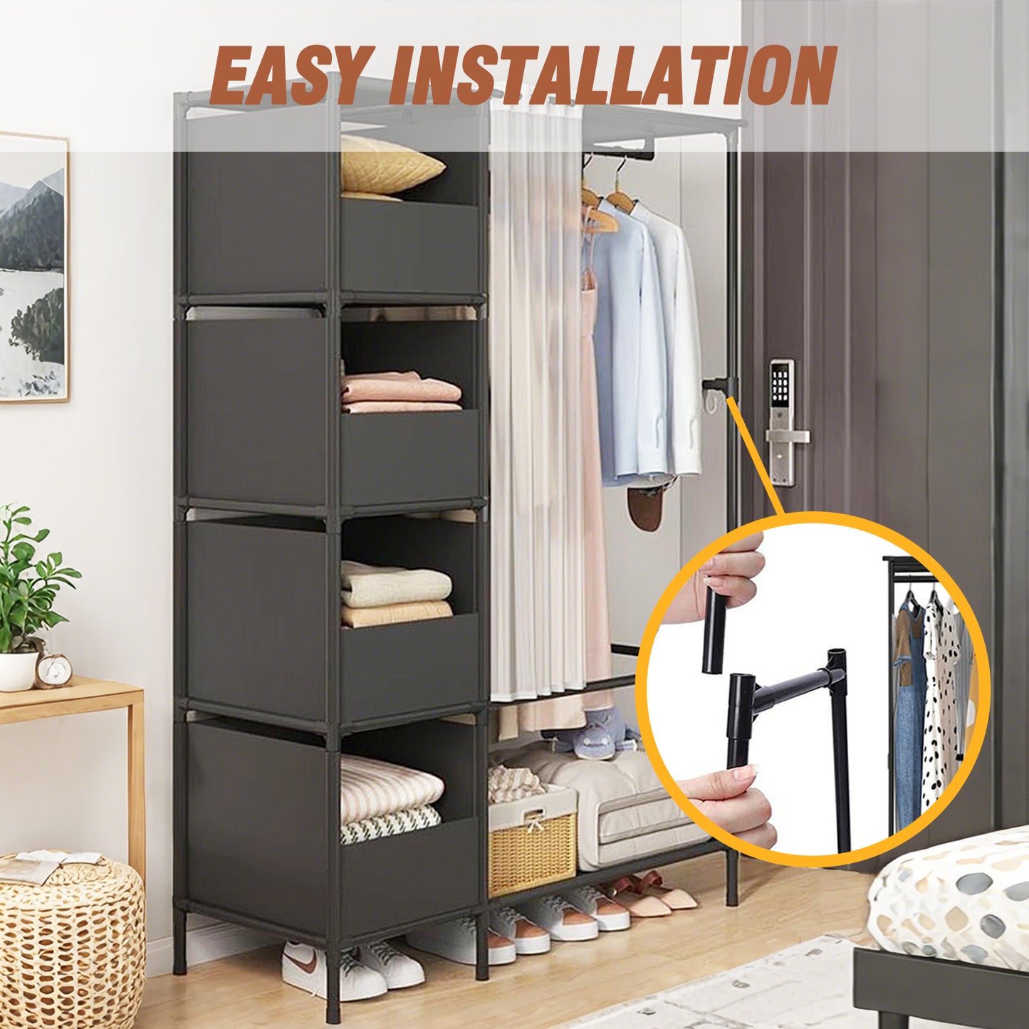 Clothes Rack, Portable Closet, Freestanding Closet Organizer with Curtain, 4 Tier Garment Rack for Bed Room, Black