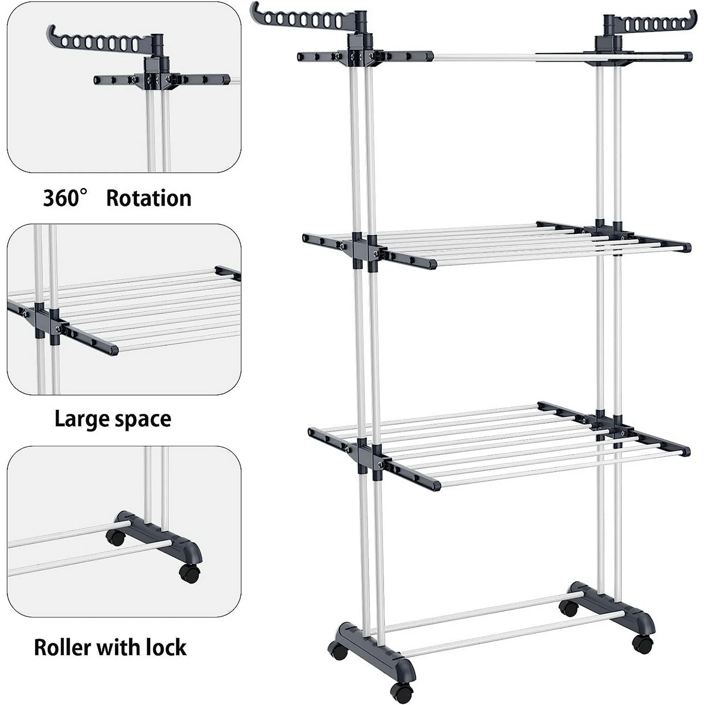 Homemart Clothes Drying Rack, 4-Tier Foldable Laundry Drying Rack, Stainless Steel Garment Clothes Dryer Indoor or Outdoor Standing Clothing Rack with Wheels