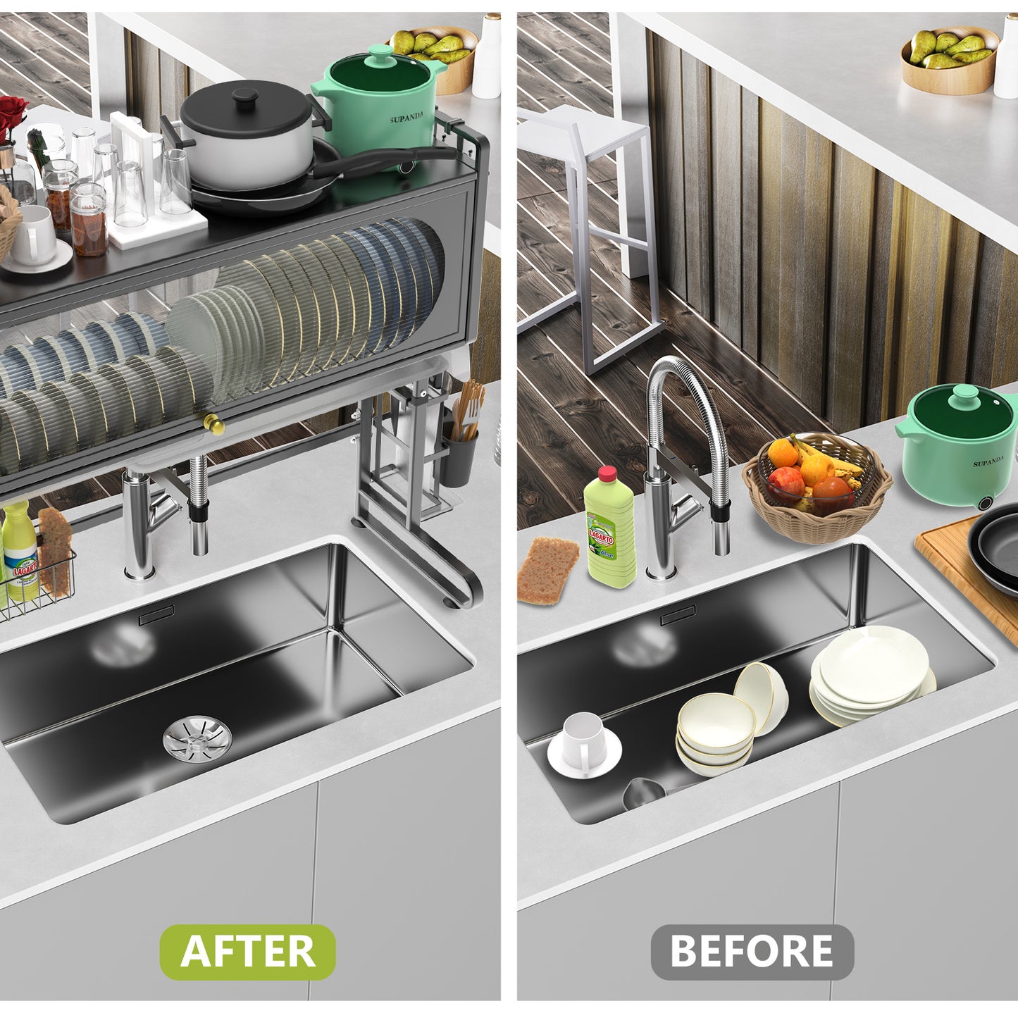 ALSO GO 3-tier Over The Sink Dish Drying Rack, Large Capacity Dish Rack with Cover, Expandable Length & Height, Adjustable Metal Dish Drainer for Kitchen Counter, Space-Saving, Black