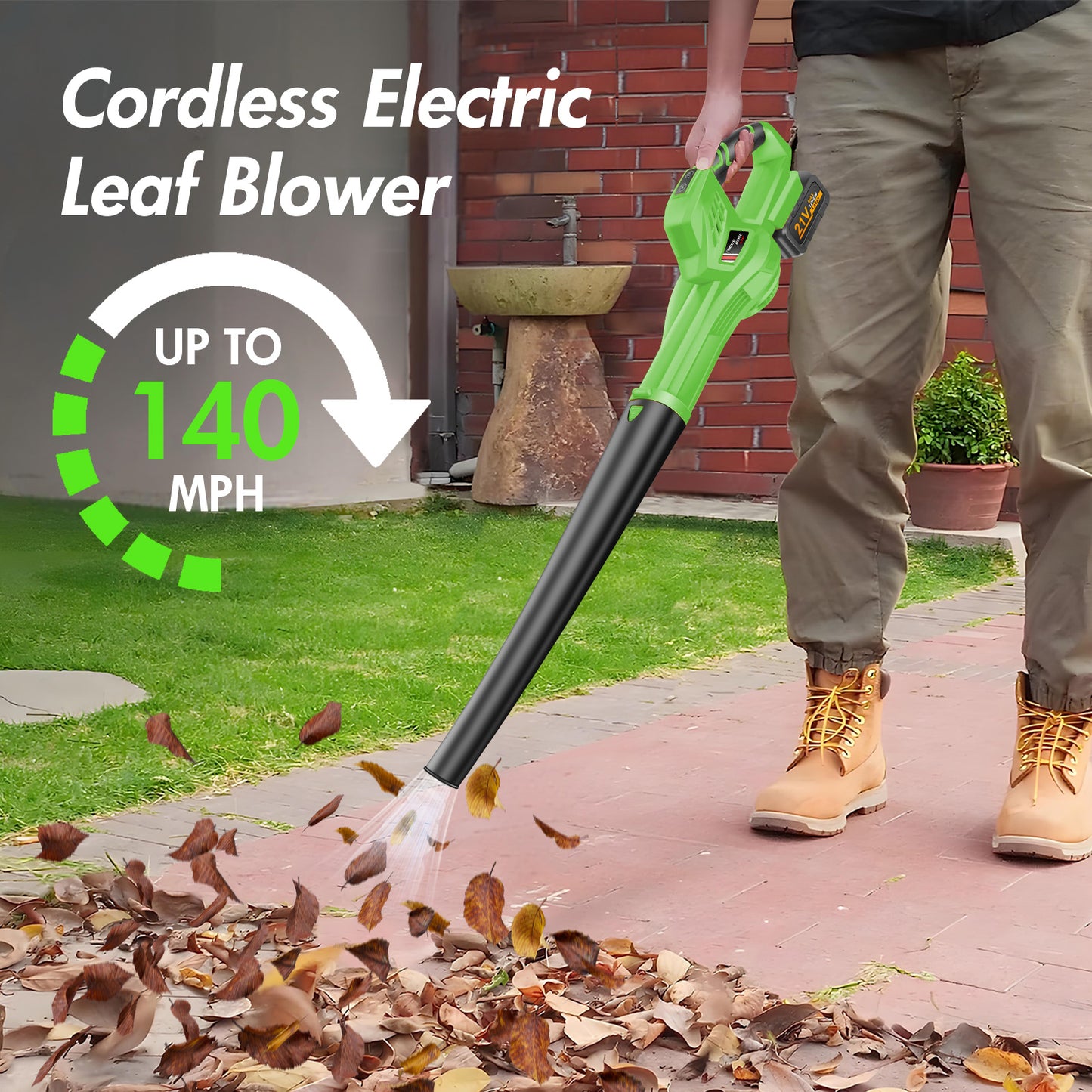 Cordless Leaf Blower, 21V Leaf Blower with 1 Battery, 6-Speed Leaf Blowers for Lawn Care, Patio, Blowing Leaves, Green